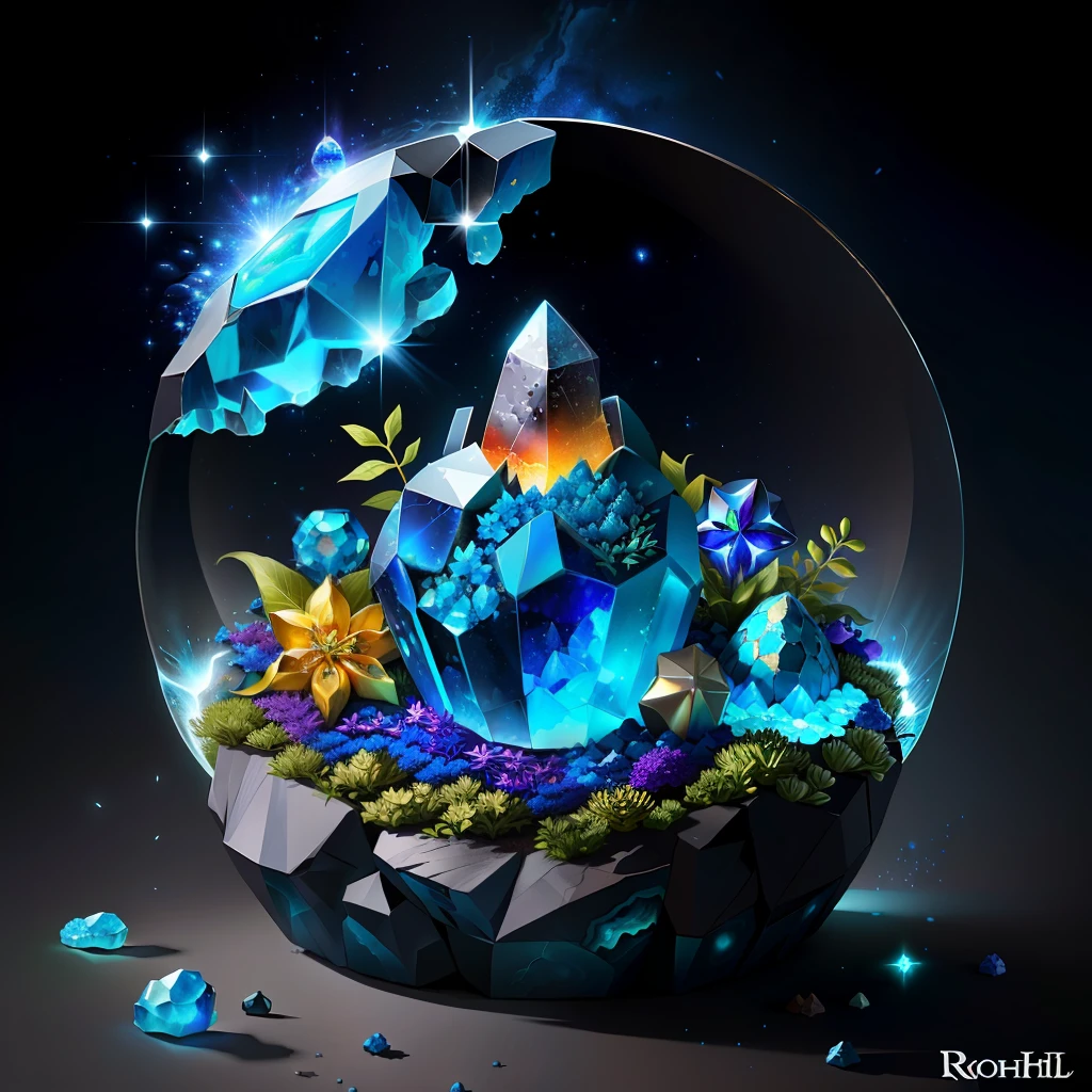 rocky anthill, half open blue geode, with round opals scattered, star fruit on the side, fantasy, with fireflies.