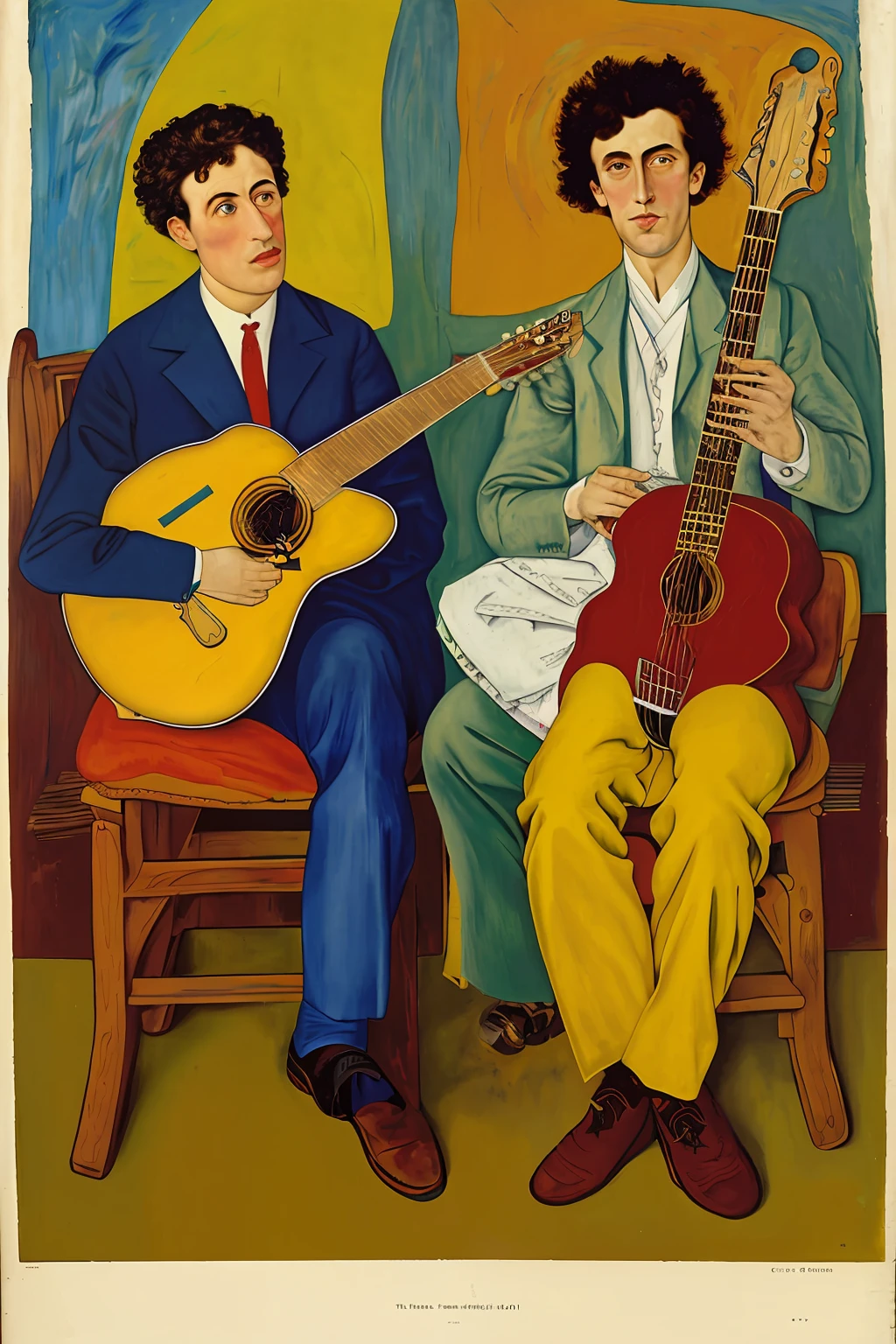there are two men sitting on chairs playing guitars together, vaudevillian, press photograph, egon schiele and max ernst, publicity photo, pablo picasso and mark brooks, by Hannah Höch, greg rutkowski and edgar maxence, utagawa kunisada & salvador dali, rembrandt and gigadō ashiyuki, gujian, illustration”, advertising photograph