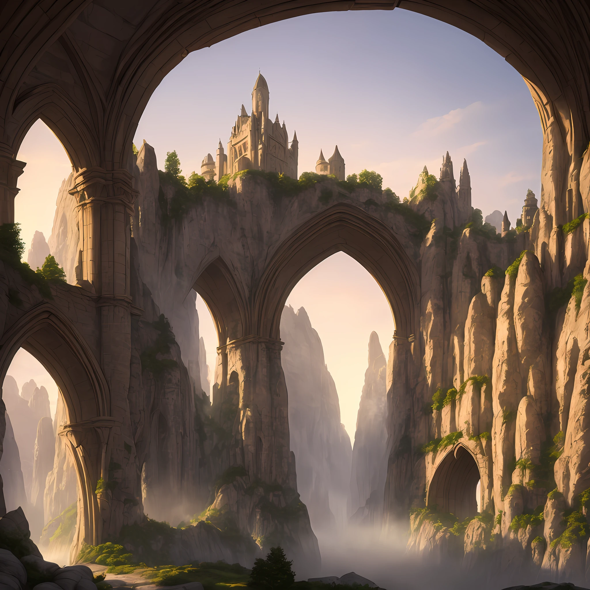 extremely detailed stone city in the middle of a rock canyon, entrance of the city is a wall with trefoil arches and ogee arches, gothic architecture, soft mist at sunrise, realistic volumetric lights, soft tetrad colors, warm lights from the city, 32k resolution, high definition, best quality
