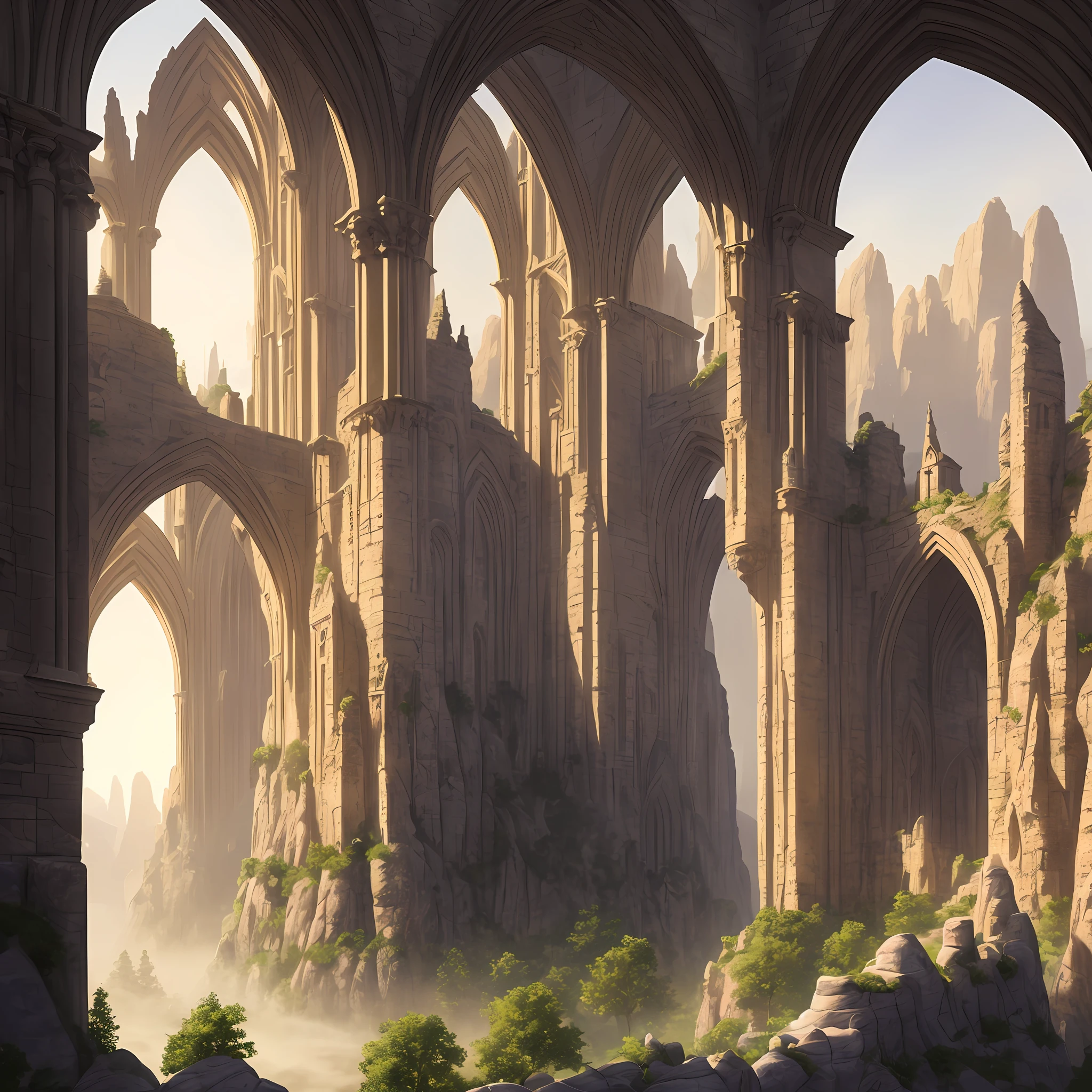 extremely detailed stone city in the middle of a rock canyon, entrance of the city is a wall with trefoil arches and ogee arches, gothic architecture, soft mist at sunrise, realistic volumetric lights, soft tetrad colors, warm lights from the city, 32k resolution, high definition, best quality