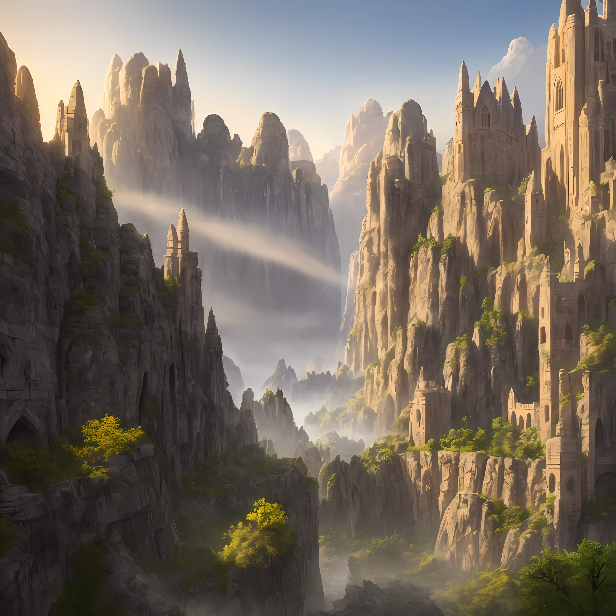 extremely detailed stone city in the middle of a rock canyon, entrance of the city is a wall with trefoil arches and ogee arches, gothic architecture, soft mist at sunrise, realistic volumetric lights, soft tetrad colors, warm lights from the city, 32k resolution, high definition, best quality