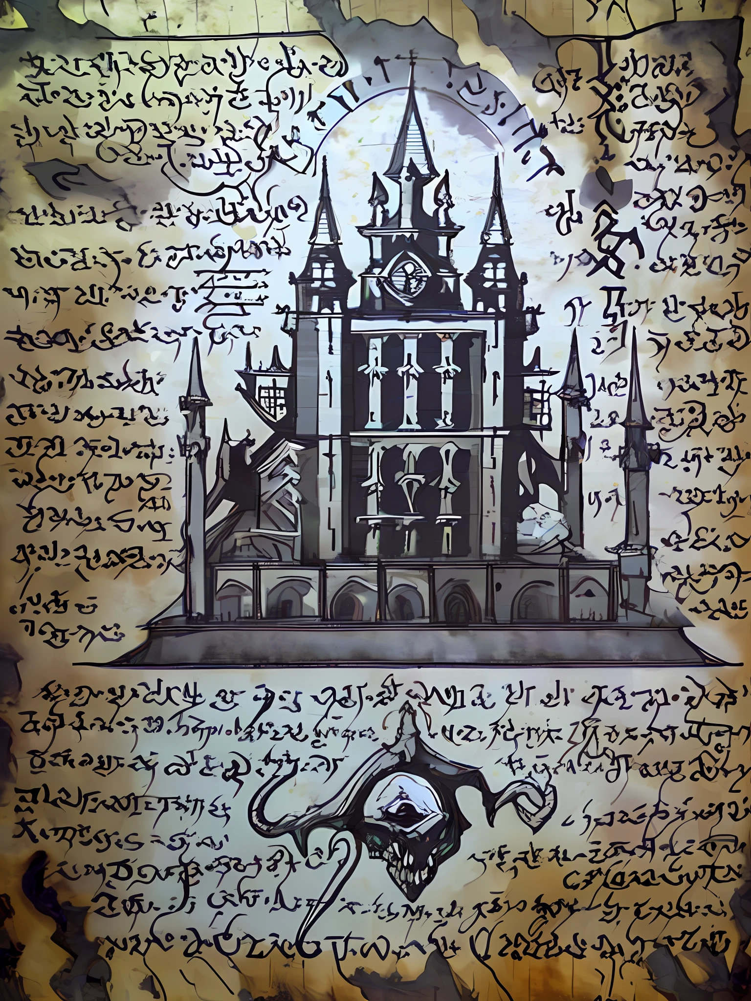 (PLAIN WHITE BACKGROUND), (rough sketch),closeup demonic (building), dissected, necronomicon, scribbled,handwritten text,