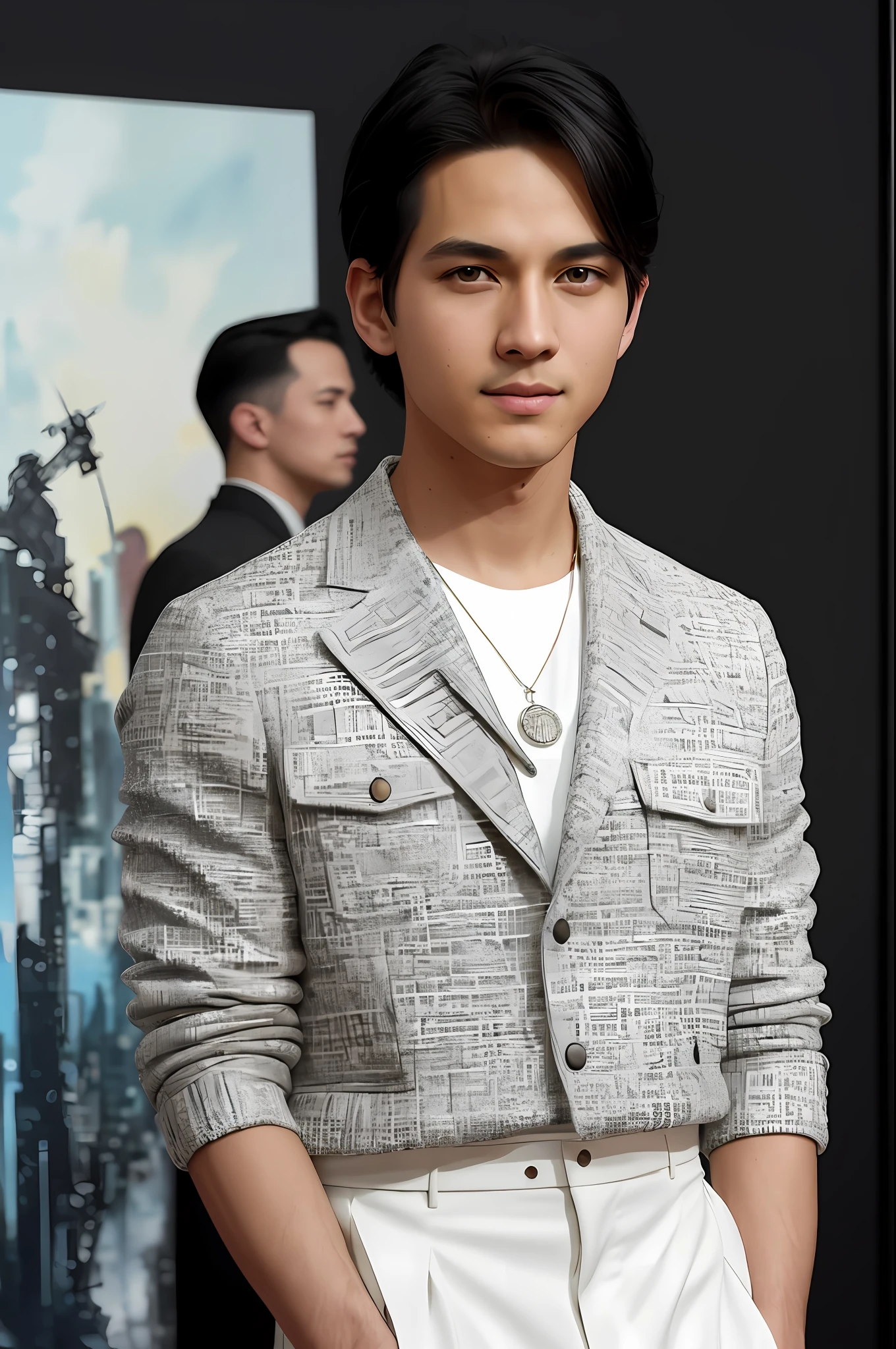 photo of (nk1nsky:0.99), a handsome boy, young, black hair, white skin, like a movie star, modelshoot style, (extremely detailed CG 8k wallpaper unit), photo of the most beautiful artwork in the world, majestic professional oil painting by Ed Blinkey, Atey Ghailan, Studio Ghibli, by Jeremy Mann, Greg Manchess, Antonio Moro, trend in ArtStation, trend in CGSociety, Intricate, High Detail, sharp focus, dramatic and photorealistic painting art by Midjourney and Greg Rutkowski, ((Movie Premiere)), ((Standing on the Red Carpet)), ((Paparazzi in the Background)), (Looking at the Camera:1.2), (Detailed Pupils:1.3), (Modern Outfit:1.2), (Closeup:1.2), (Necklace), man, boy, 1boy