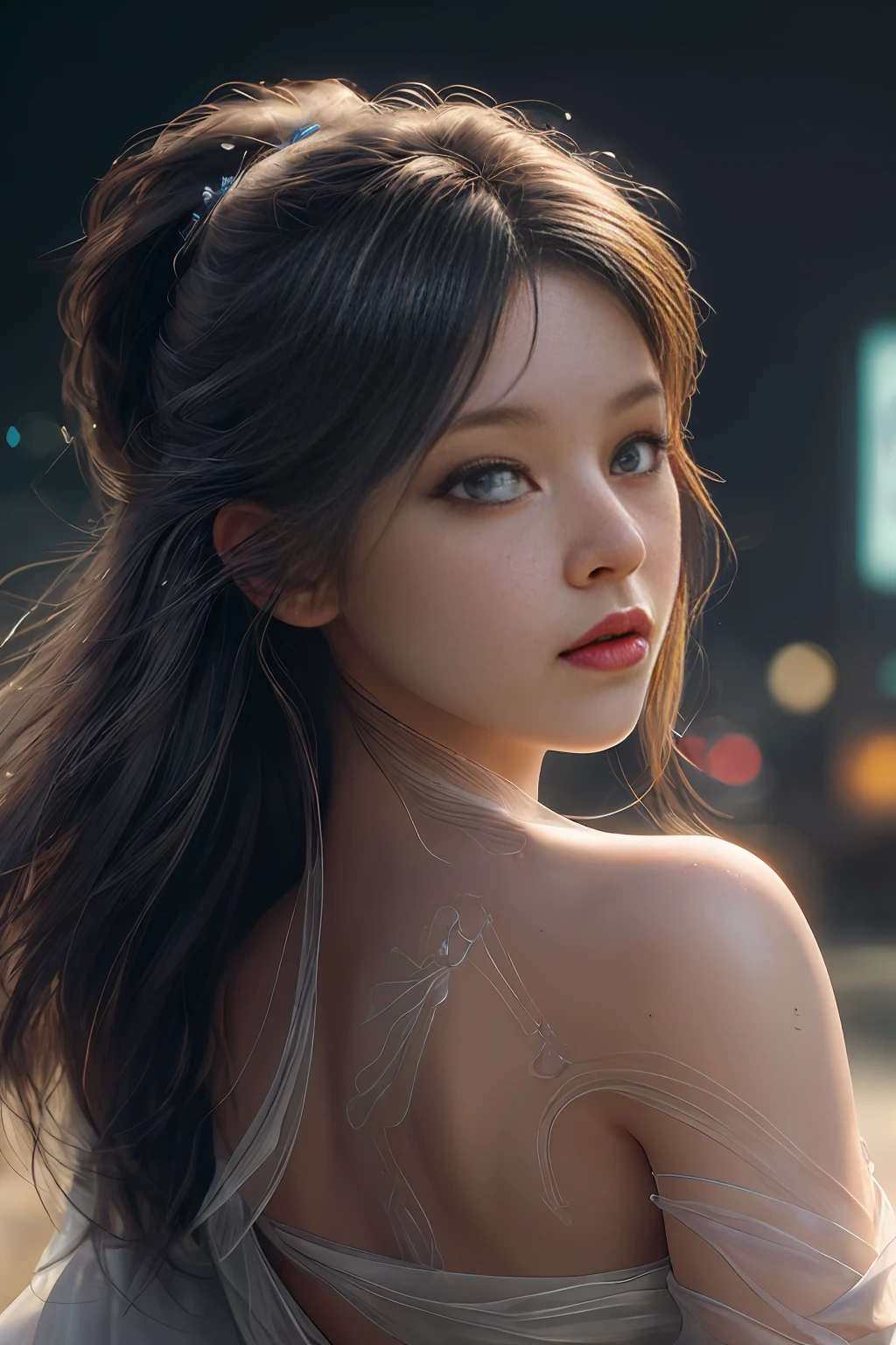 RAW, (8k, best quality, masterpiece: 1.2), (complex detail: 1.4), (photorealism: 1.4), octane rendering, complex 3d rendering super fine, studio soft light, edge light, vibrant detail, super fine, (realistic skin texture: 2), beautiful and delicate face, beautiful delicate eyes, extremely detailed CG uniform 8k wallpaper, makeup, (perfect anatomy), (epic), (masterpiece, top quality, best quality, official art, aesthetics and aesthetics: 1.2), very detailed, colorful, highest detail (super detail)), (highly detailed CG illustration), (very delicate and beautiful), (viewed from the side), cinematic light, city, 1 girl, solo, cyberpunk,