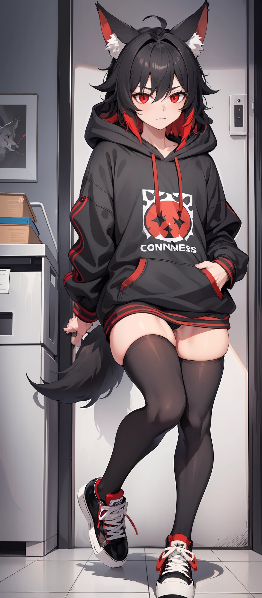 1boy, toned, sharp big wolf ears, wolf tail, big black messy hair, wide extremely vibrant red eyes, HD, masterpiece, vibrant, black converse shoes, slim dark black hoodie, full body view, neutral face, black thigh socks, big buttocks