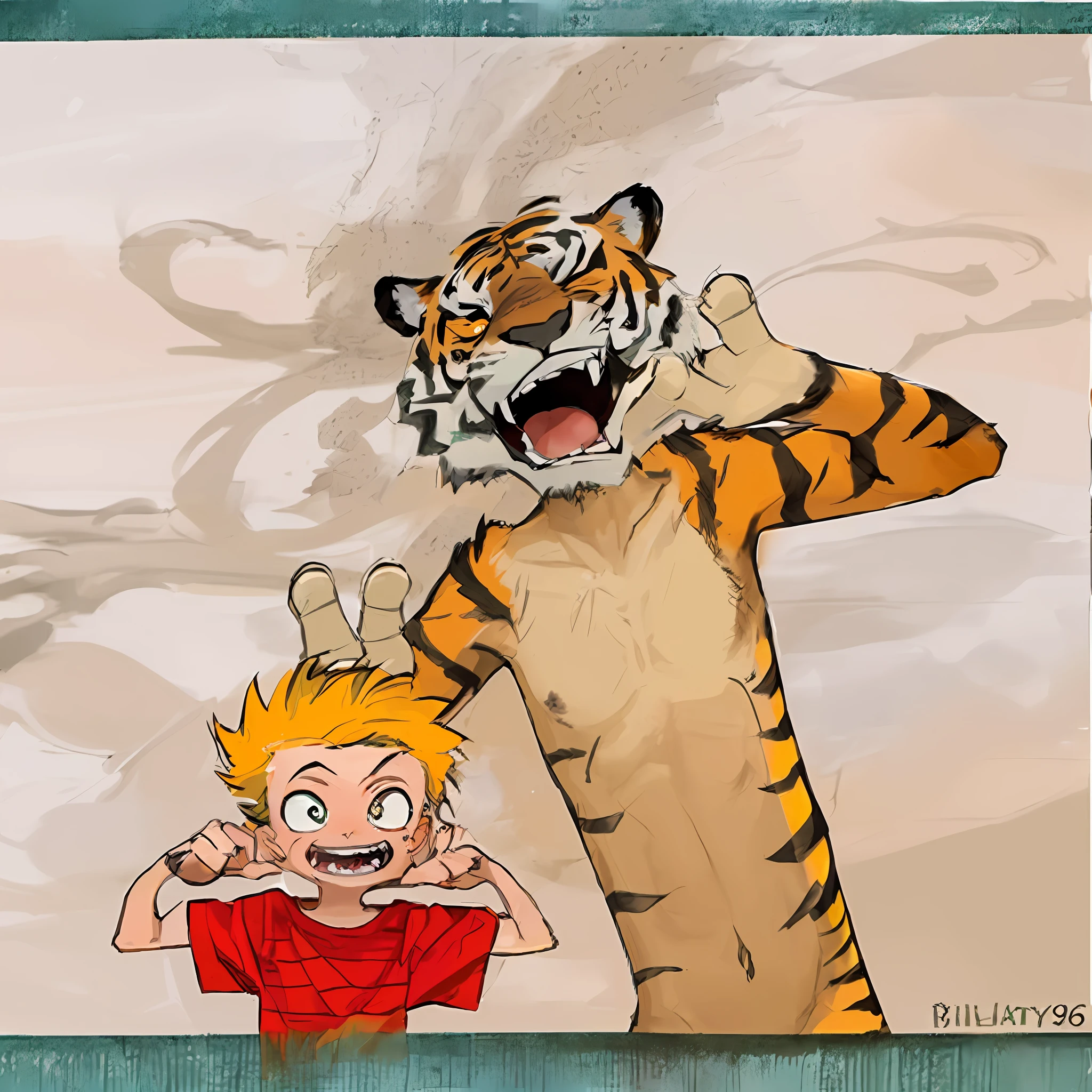 there is a drawing of a tiger and a boy showing teeth, calvin and hobbes, inspired by Bill Watterson, 1 9 8 0 art