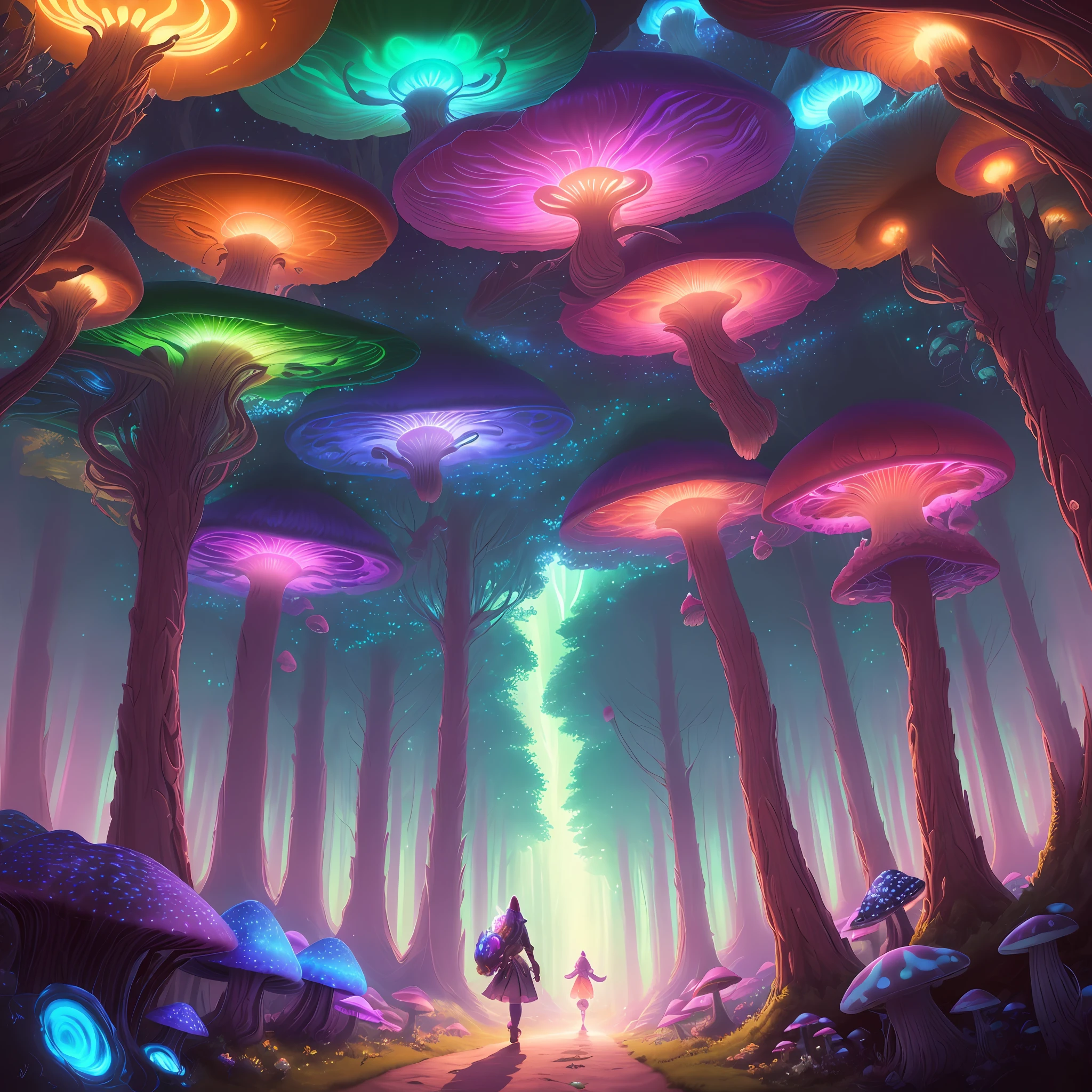 ultra detailed illustration of a woman walking in a extremely beautiful forest of giant alien fungus, rainbow colors, at sunset with really beautiful casting lights, colorful glowy mushrooms from another planet, fantasy world, very detailed illustration, soft tetrad colors, 8k resolution in the best quality, league of legends art,, volumetric lighting, best quality, masterpiece