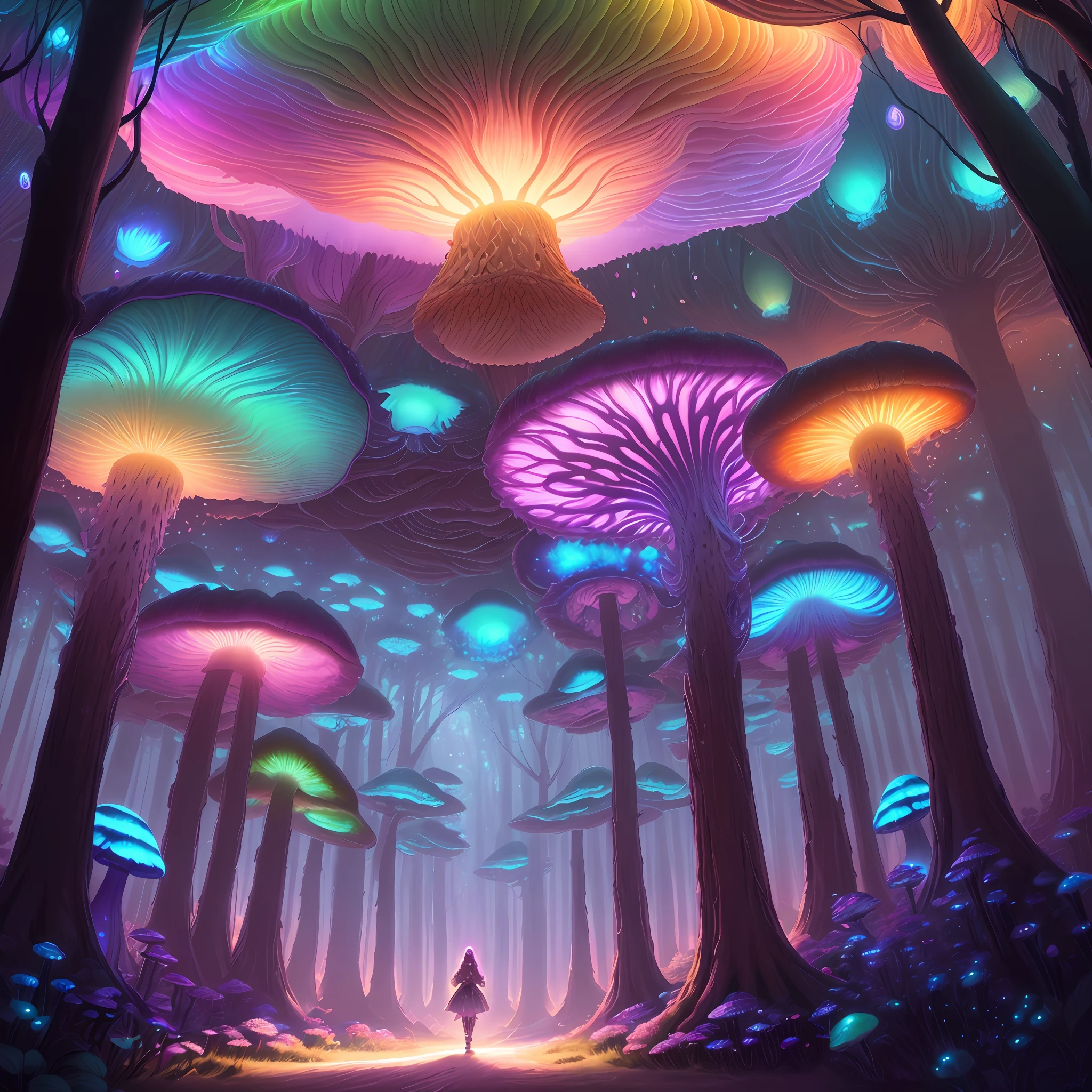 ultra detailed illustration of a woman walking in a extremely beautiful forest of giant alien fungus, rainbow colors, at sunset with really beautiful casting lights, colorful glowy mushrooms from another planet, fantasy world, very detailed illustration, soft tetrad colors, 8k resolution in the best quality, league of legends art,, volumetric lighting, best quality, masterpiece