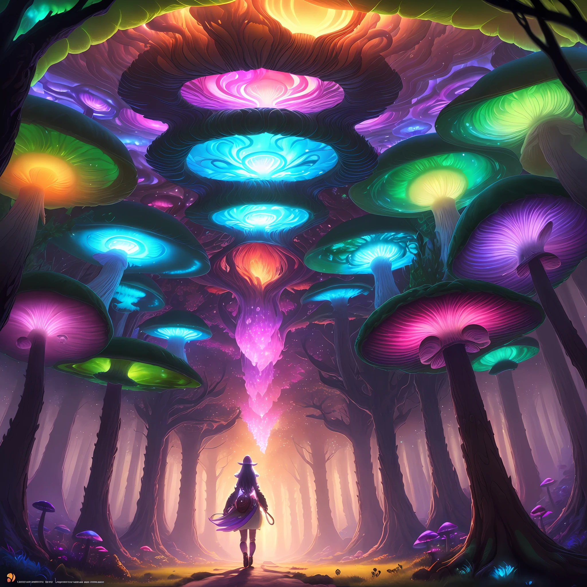 ultra detailed illustration of a woman walking in a extremely beautiful forest of giant alien fungus, rainbow colors, at sunset with really beautiful casting lights, colorful glowy mushrooms from another planet, fantasy world, very detailed illustration, soft tetrad colors, 8k resolution in the best quality, league of legends art,, volumetric lighting, best quality, masterpiece