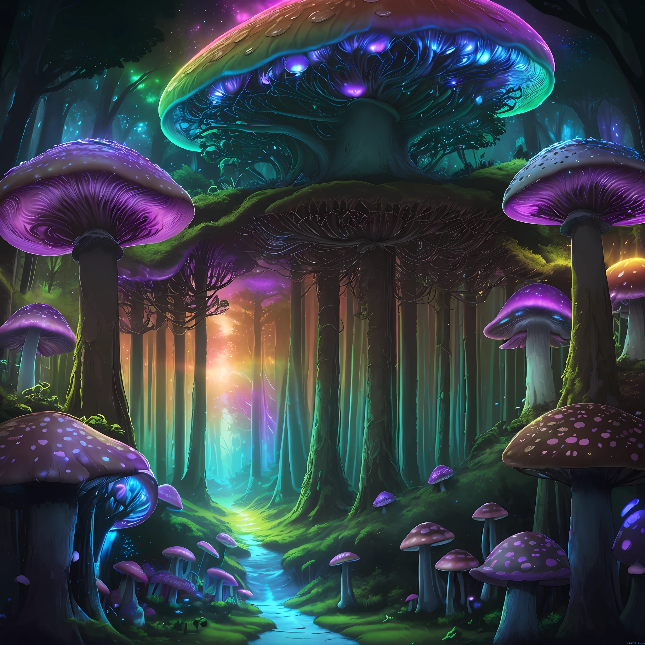 ultra detailed illustration of a woman walking in a extremely beautiful forest of giant alien fungus, rainbow colors, at sunset with really beautiful casting lights, colorful glowy mushrooms from another planet, fantasy world, very detailed illustration, soft tetrad colors, 8k resolution in the best quality, league of legends art,, volumetric lighting, best quality, masterpiece