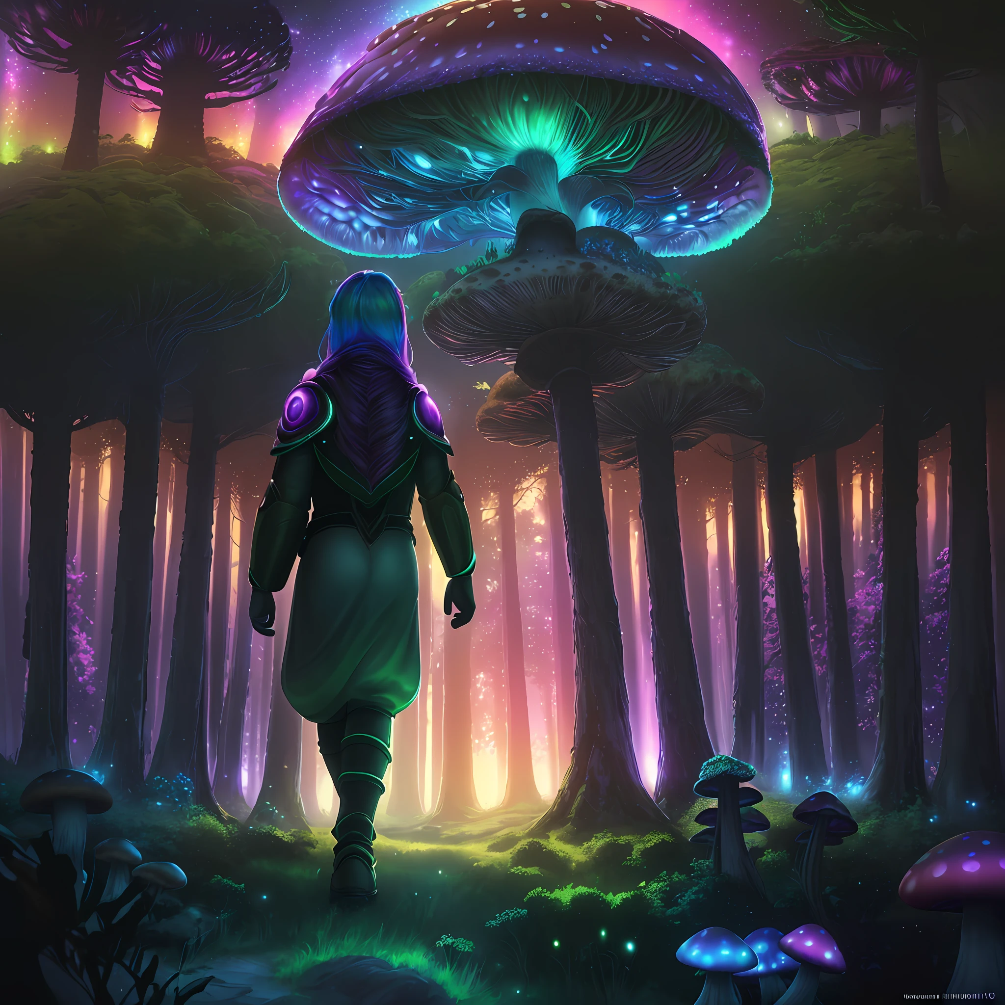 ultra detailed illustration of a woman walking in a extremely beautiful forest of giant alien fungus, rainbow colors, at sunset with really beautiful casting lights, colorful glowy mushrooms from another planet, fantasy world, very detailed illustration, soft tetrad colors, 8k resolution in the best quality, league of legends art,, volumetric lighting, best quality, masterpiece