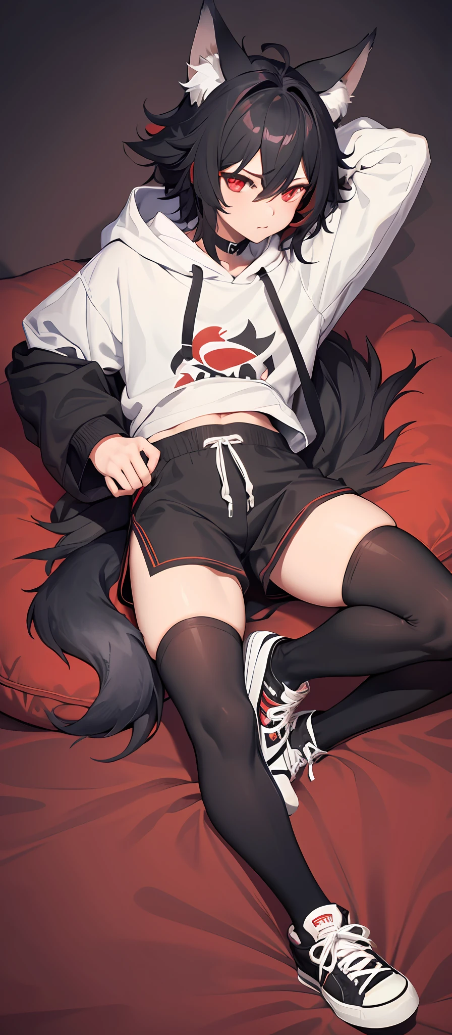 1boy, toned, sharp big wolf ears, wolf tail, big black messy hair, wide extremely vibrant red eyes, HD, masterpiece, vibrant, black converse shoes, slim dark black hoodie, full body view, neutral face, black thigh socks, big buttocks