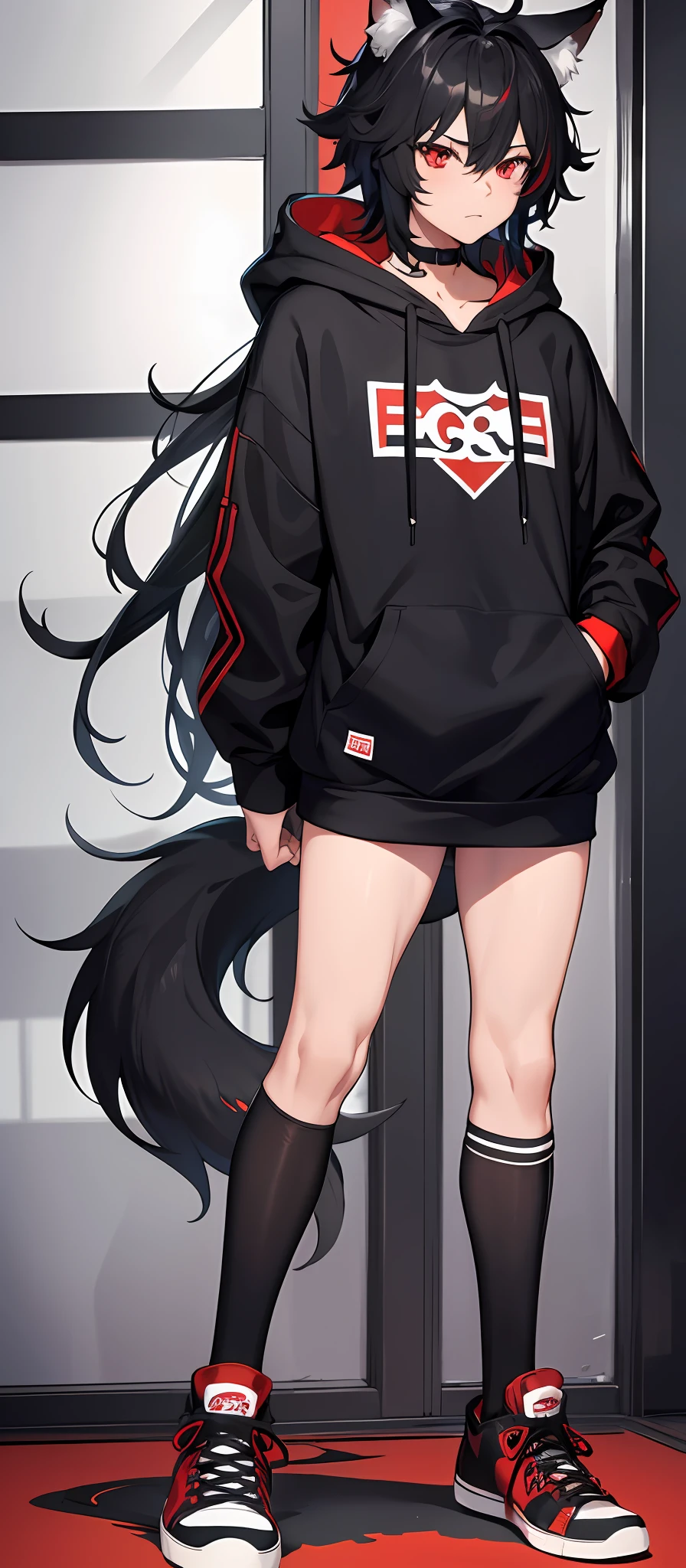 1boy, toned, sharp big wolf ears, wolf tail, big black messy hair, wide extremely vibrant red eyes, HD, masterpiece, vibrant, black converse shoes, slim dark black hoodie, full body view, neutral face, black thigh socks, big buttocks