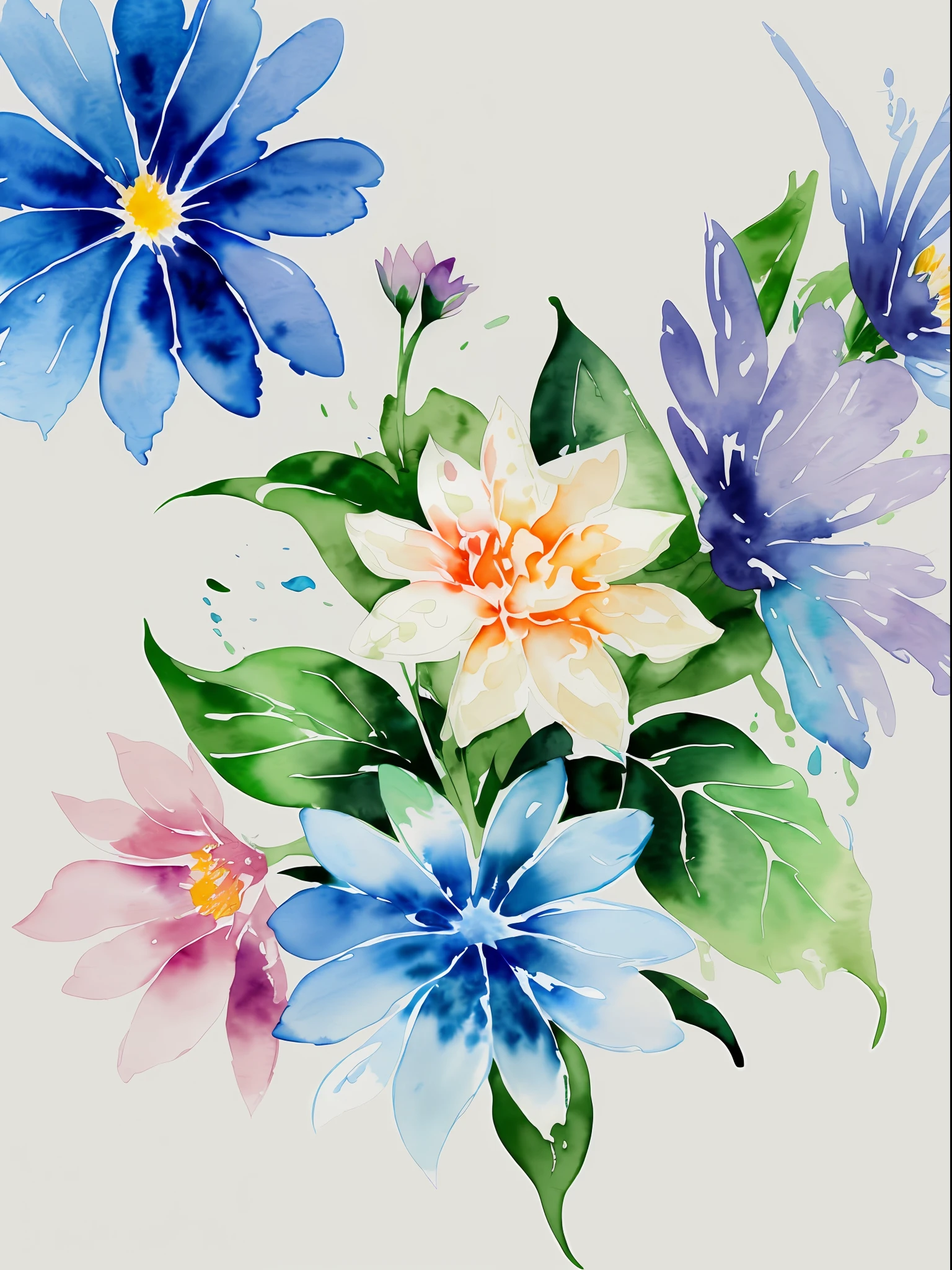 watercolor, flower, beautiful, watercolor style, flower and leaf patterns, wet on wet technique, muted, indigo, fabric design, flat illustration, highly detailed clean, vector image, masterpiece, professional, isometric, bright vector, white background, dry brush, brush strokes, painted on canvas, by J.M.W. Turner. expressive marks.
