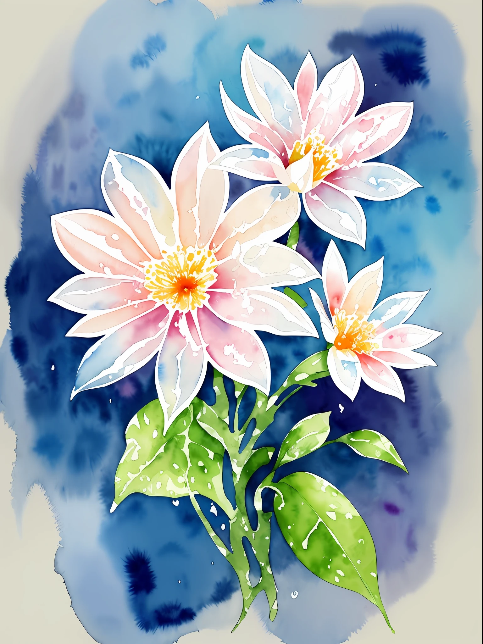 watercolor, flower, beautiful, watercolor style, flower and leaf patterns, wet on wet technique, muted, indigo, fabric design, flat illustration, highly detailed clean, vector image, masterpiece, professional, isometric, bright vector, white background, dry brush, brush strokes, painted on canvas, by J.M.W. Turner. expressive marks.