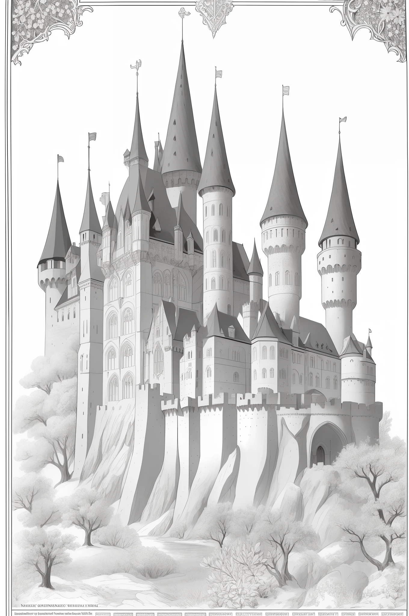 Beautiful and detailed medieval castle, masterpiece, best quality, lineart, monochrome, white background, black and white, coloring book for children, on paper, full page, free lines, art line high detailed, to print, perfect anatomy, ((white background)), flowers., 2d, 2d. cartoon. Style