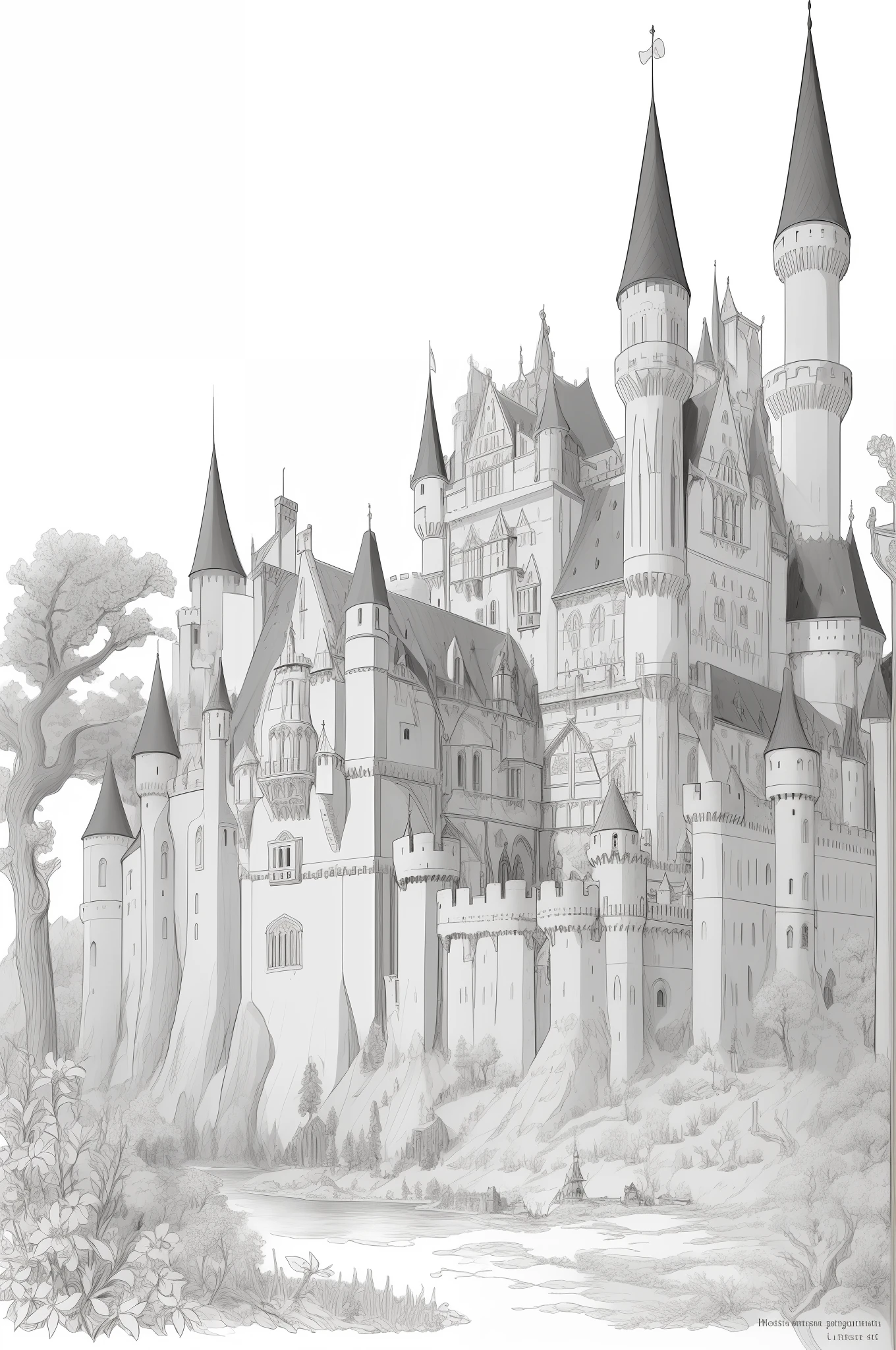 Beautiful and detailed medieval castle,   masterpiece, best quality, lineart, monochrome, white background, black and white, coloring book for children, on paper, full page, free lines, art line high detailed, to print, perfect anatomy, ((white background)), flowers., 2d, 2d. cartoon. Style