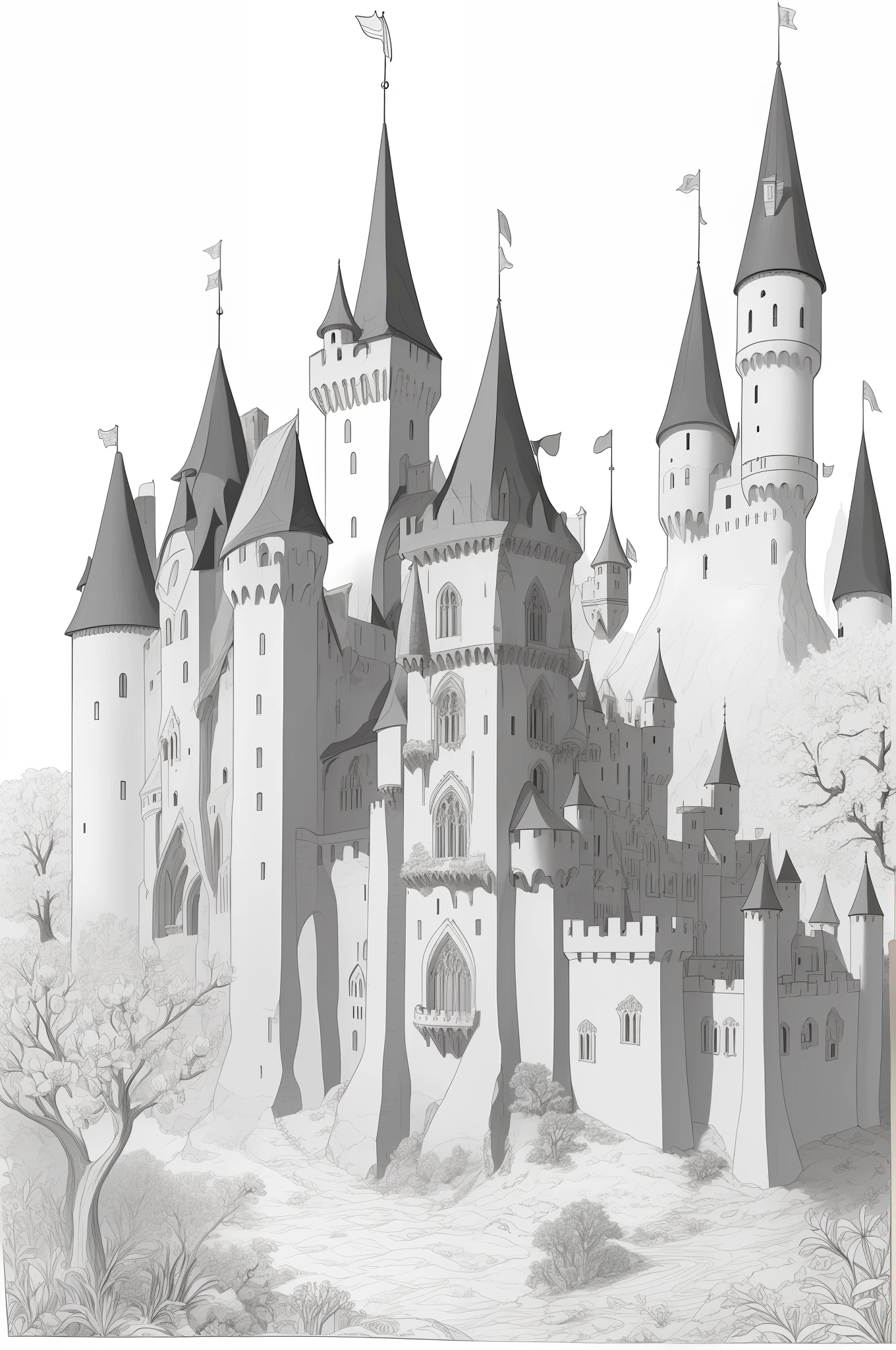 Beautiful and detailed medieval castle, masterpiece, best quality, lineart, monochrome, white background, black and white, coloring book for children, on paper, full page, free lines, art line high detailed, to print, perfect anatomy, ((white background)), flowers., 2d, 2d. cartoon. Style
