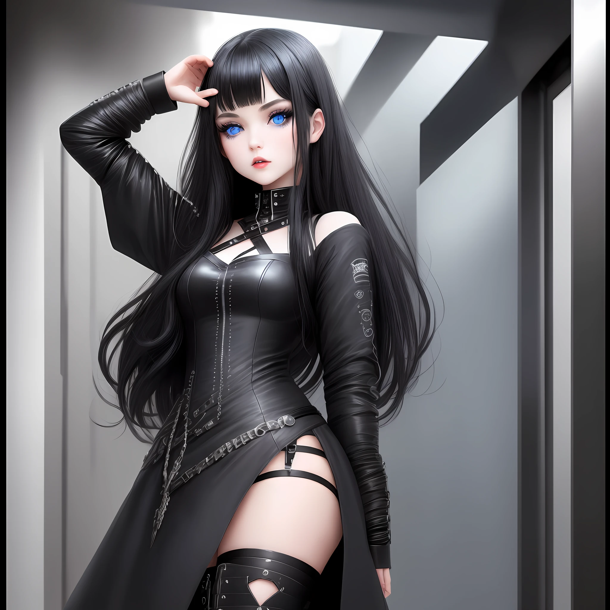 1girl, solo, black hair, blue eyes, long hair, letterboxed, make up, barcode, goth