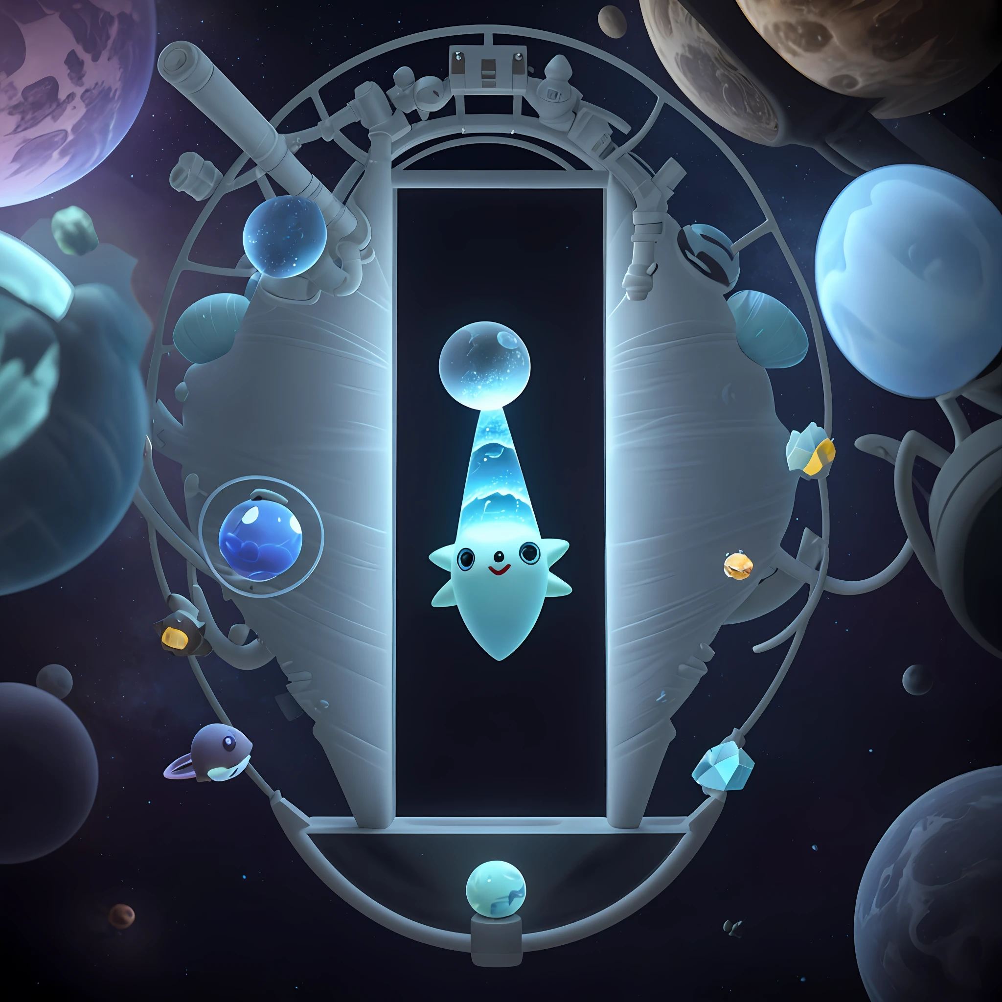 aliens, deep space,, cute fun, whimsical, game asset, crystal-clear details, 3D render