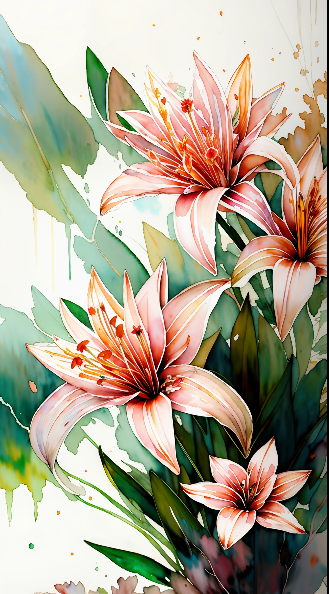 wtrcolor style, digital art of (lilies), official art, blown by the wind, masterpiece, beautiful, ((watercolor)), paint splatter, intricate details. Great detail, [dripping:0.5], trending on Artstation, Rachel Walker