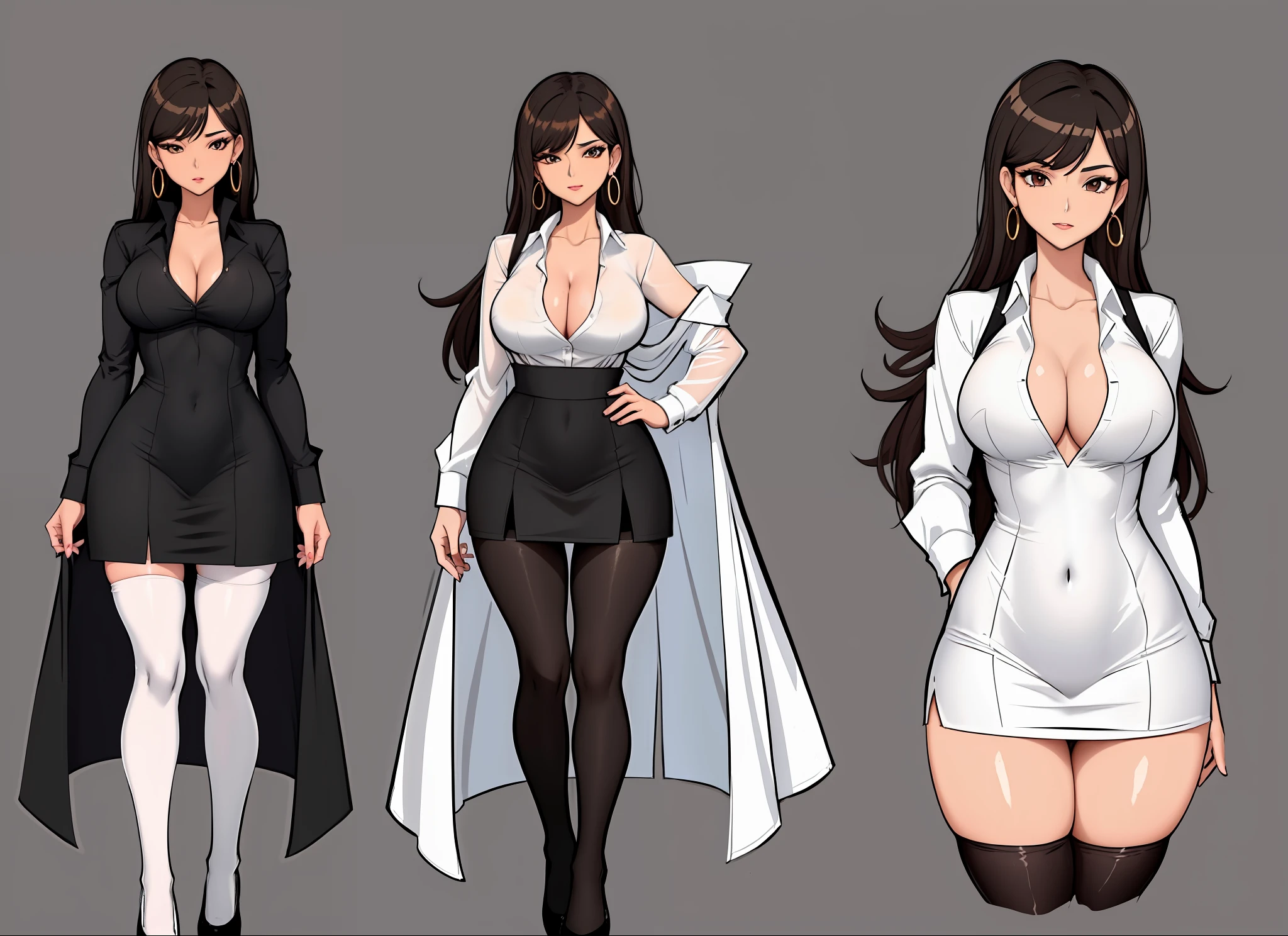 (comic style artwork with perfect anatomy) (masterpiece, best quality) masterpiece:1.6, best quality:1.4, real picture:1.2, intricate details:1.2, charturnerv2:1.2, full body character turnaround of 1lady, Appearance: milf:1.25, slender:1.3, brown eyes, brunette, perfect body, medium breasts, medium chest, sharp eyes, cleavage, curvy (((Clothing: white maxi dress shirt unbuttoned, black knee high tights, black short miniskirt))) Accessories: golden ring, simple hoop earrings, Hair: long black hair, curly hair, Makeup: natural, glowing skin, (simple background, white background:1.3), multiple views, Multiple views of the same character in the same outfit:1.3.