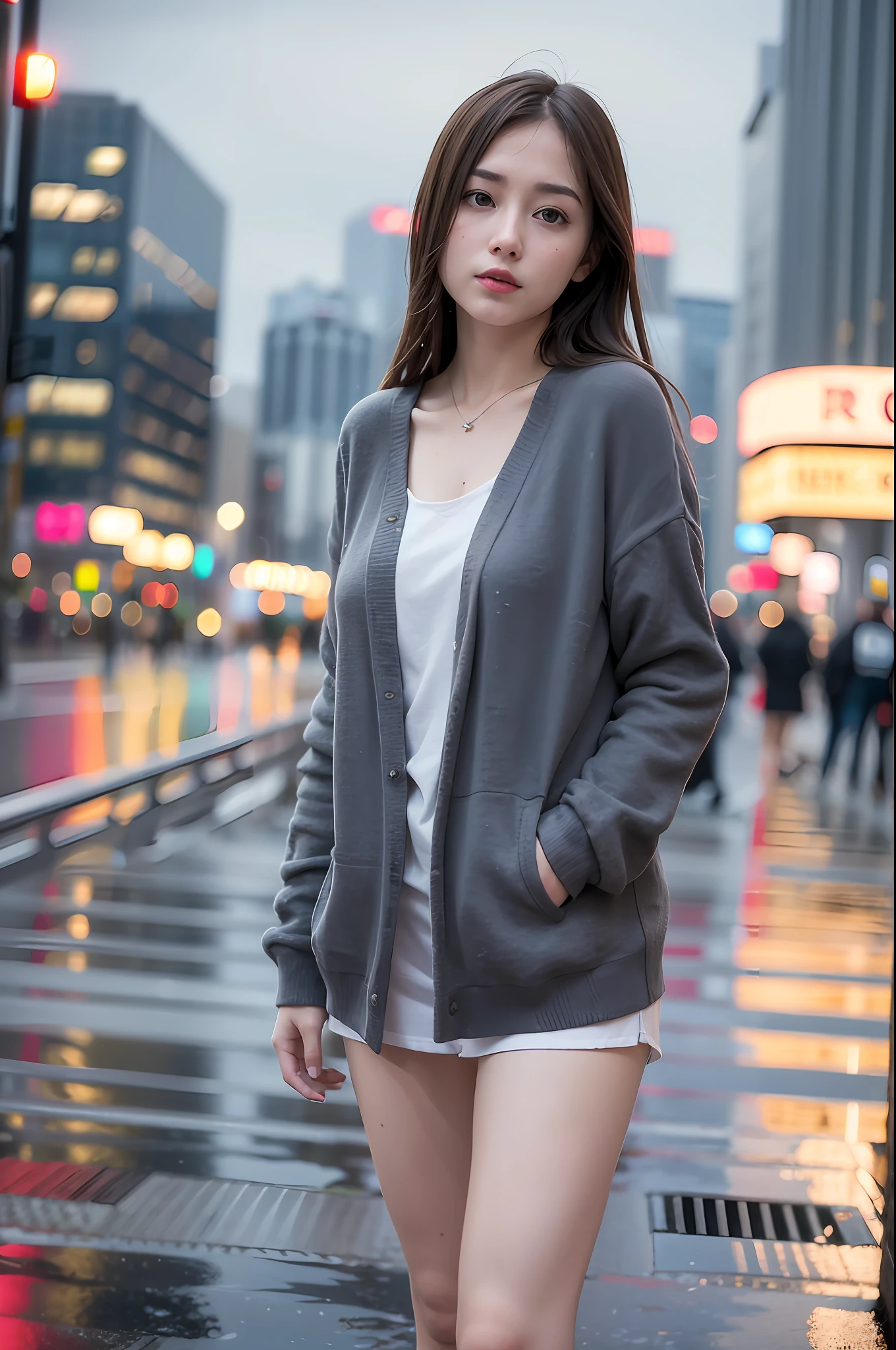 mix4, (8k, raw photography, top quality, masterpiece: 1.2), (realistic, photorealistic: 1.37), 1 girl, cute, cityscape, night, rain, wet, professional lighting, photon mapping, radiosity, physics-based rendering