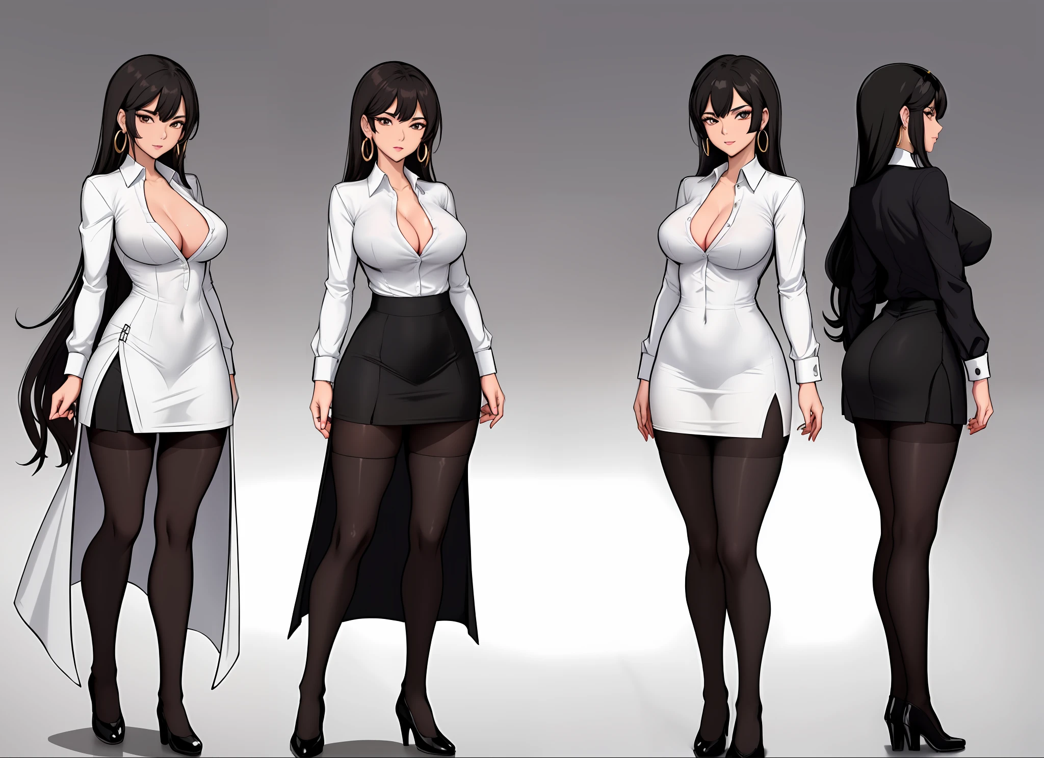 (comic style artwork with perfect anatomy) (masterpiece, best quality) masterpiece:1.6, best quality:1.4, real picture:1.2, intricate details:1.2, charturnerv2:1.2, full body character turnaround of 1lady, Appearance: milf:1.25, slender:1.3, brown eyes, afro, perfect body, medium breasts, medium chest, sharp eyes, cleavage, curvy (((Clothing: white maxi dress shirt unbuttoned, black knee high tights, black short miniskirt))) Accessories: golden ring, simple hoop earrings, (Hair: long black hair, curly hair), Makeup: natural, glowing skin, (simple background, white background:1.3), multiple views, Multiple views of the same character in the same outfit:1.3.