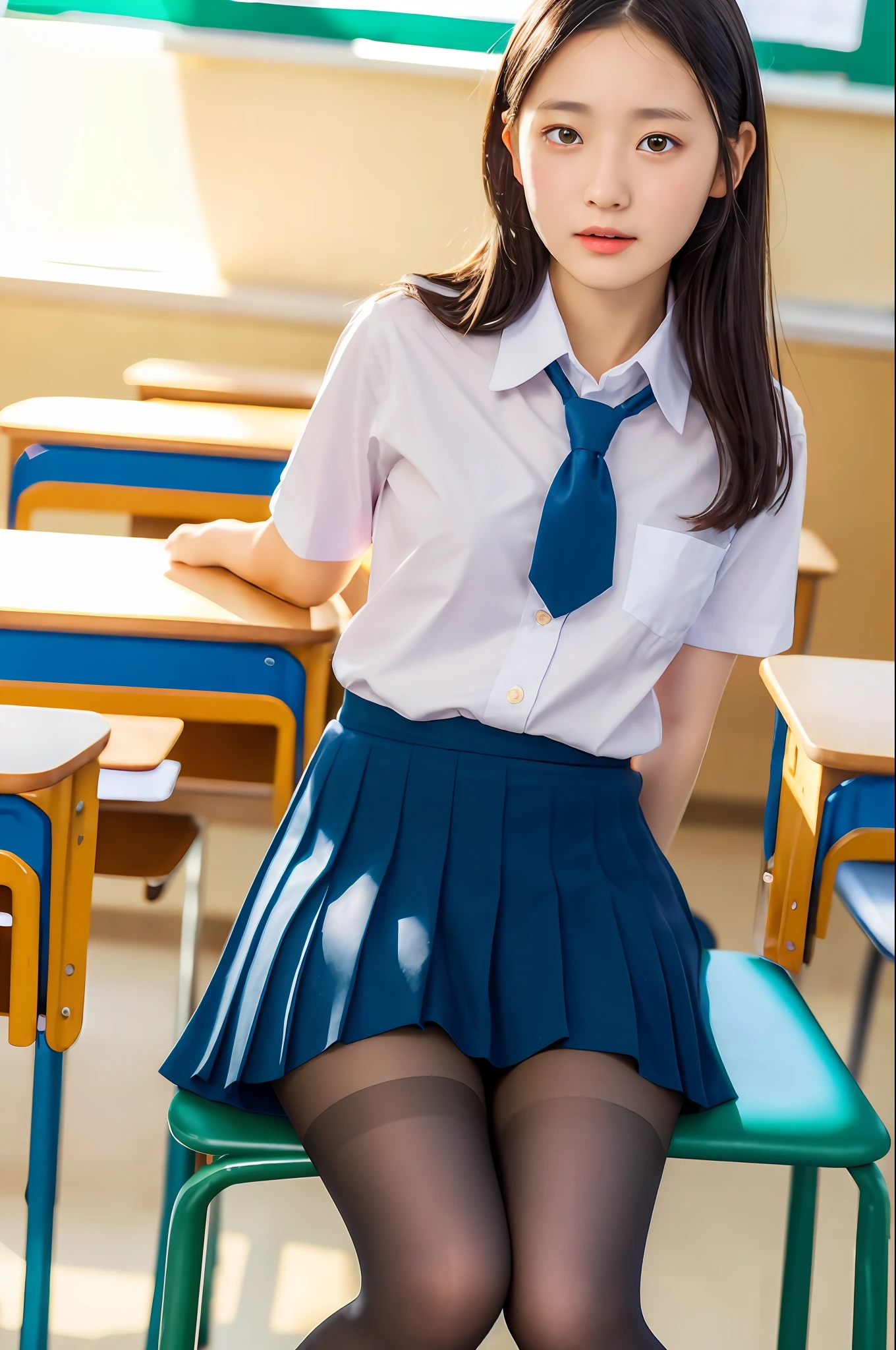 masterpiece, top quality, ultra high definition, colorful, flat color, depth of field, lens flare
1 girl, sitting, black hair, watching viewer, school, classroom, pleated mini skirt, school uniform, seravuk, black pantyhose, detailed touch, detailed fabric texture, beautiful detailed face,