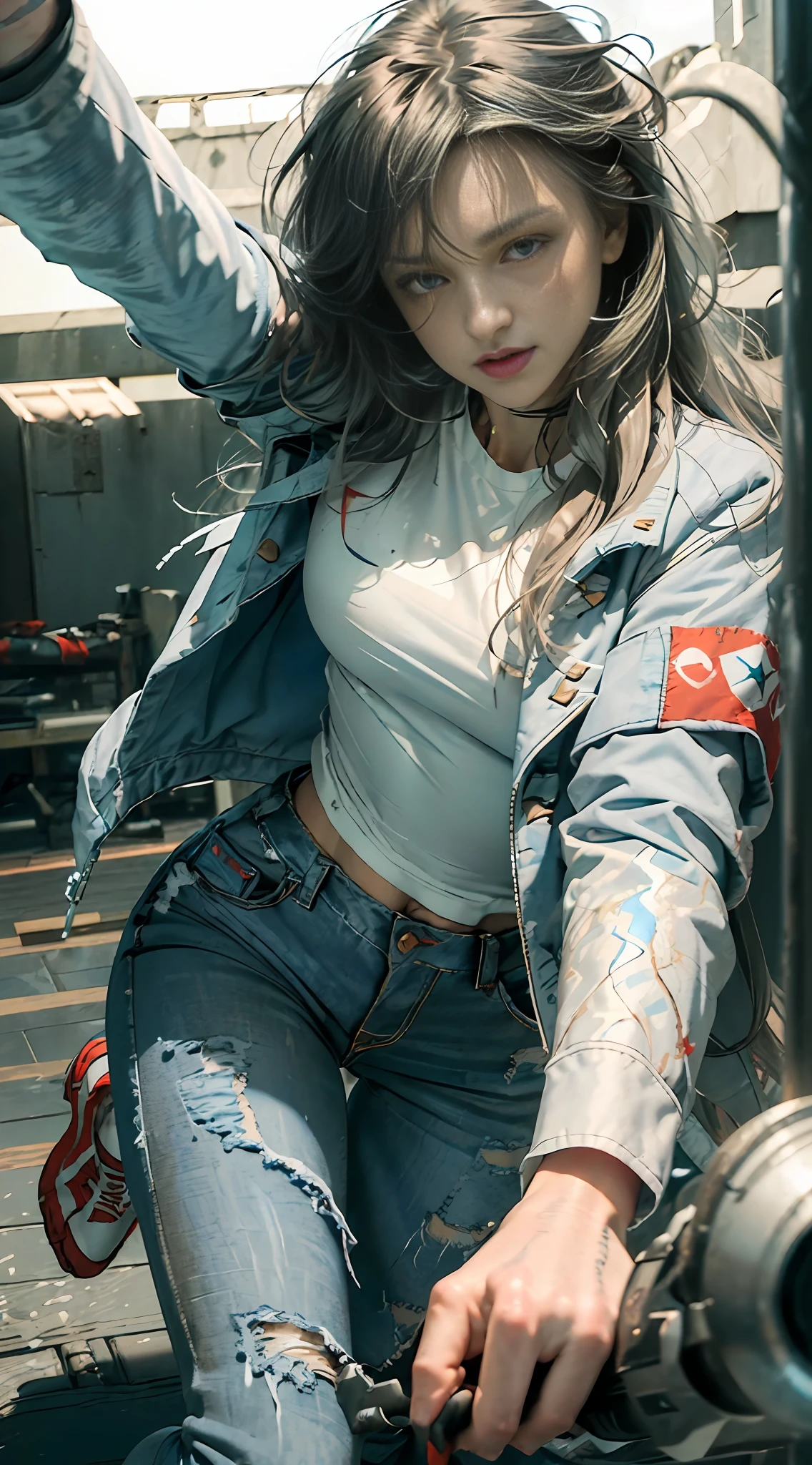 ((Sci-fi fantasy)), (Masterpiece), (professional oil painting) (best quality), (8k resolution), (1 beautiful girl), her name is Jessie and has blue eyes, ((pale gray skin)), (iron gray skin), ((blue jeans)), ((normal white shirt underneath red jacket)), ((red lipstick)), ((wearing black sneakers)), (comcept art), (small chest), (long hair), (messy hair), (white hair), (iron gray hair), ((action scene)), ((Jessie is in a chase)), (Jessie is with left arm outstretched with a pistol in her hand and aiming), ((staring at the gun)) (expression of fear on the roto), scene tença, (1 black pistol shooting)