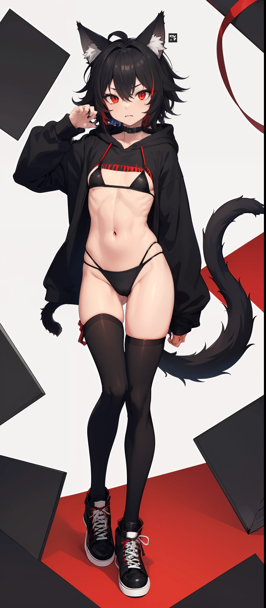 cat-boy, toned, sharp big wolf ears, wolf tail, big black messy hair, wide extremely vibrant red eyes, HD, masterpiece, vibrant, black converse shoes, slim dark black hoodie, full body view, neutral face, black thigh socks, bikini, combat boots.