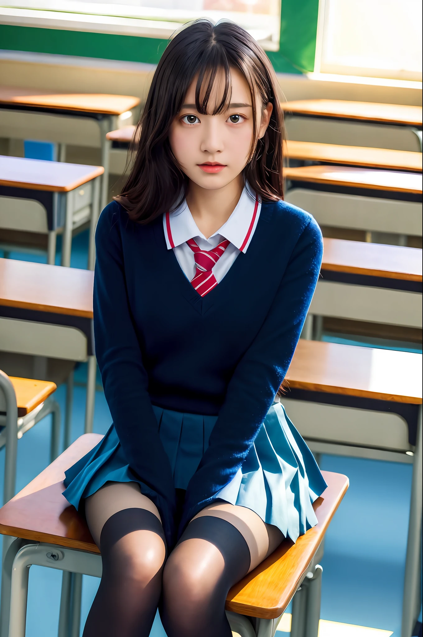 masterpiece, top quality, ultra high definition, colorful, flat color, depth of field, lens flare

1 girl, sitting, black hair, watching viewer, school, classroom, pleated mini skirt, school uniform, seravuk, black pantyhose, detailed touch, detailed fabric texture, beautiful detailed face,