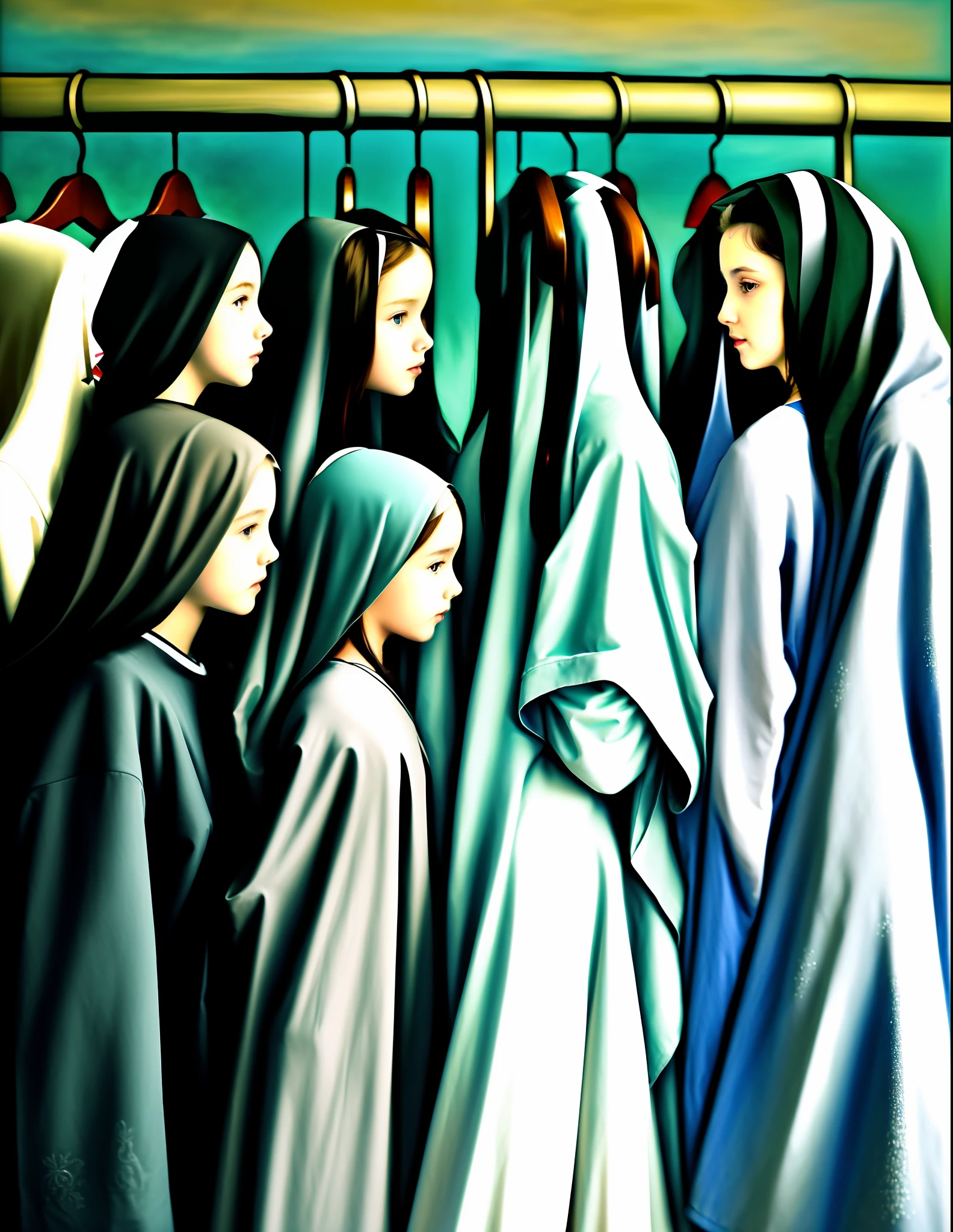 RECREATE THE PAINTING HOLY COMMUNION WITH WOMEN OF DIFFERENT AGES: COLORS, WEIGHTS, HEIGHTS, HAIR COLORS AND CLOTHES