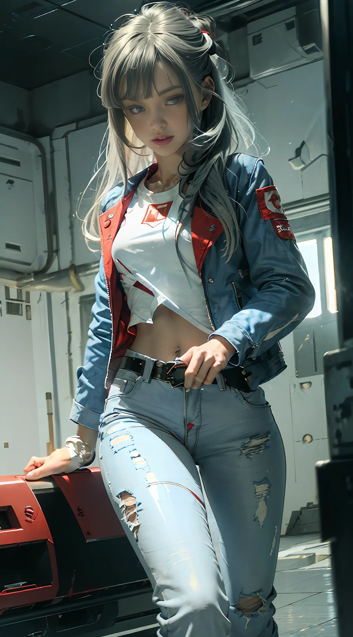((Sci-fi fantasy)), (Masterpiece), (professional oil painting) (best quality), (8k resolution), (1 beautiful girl), her name is Jessie and has blue eyes, ((pale gray skin)), (iron gray skin), ((blue jeans)), ((normal white shirt underneath red jacket)), ((red lipstick)), ((wearing black sneakers)), (comcept art), (small chest), (long hair), (messy hair), (white hair), (iron gray hair), ((action scene)), ((Jessie is in a chase)), (Jessie is with left arm outstretched with a pistol in her hand and aiming), ((staring at the gun)) (expression of fear on the roto), scene tença, (1 black pistol shooting)