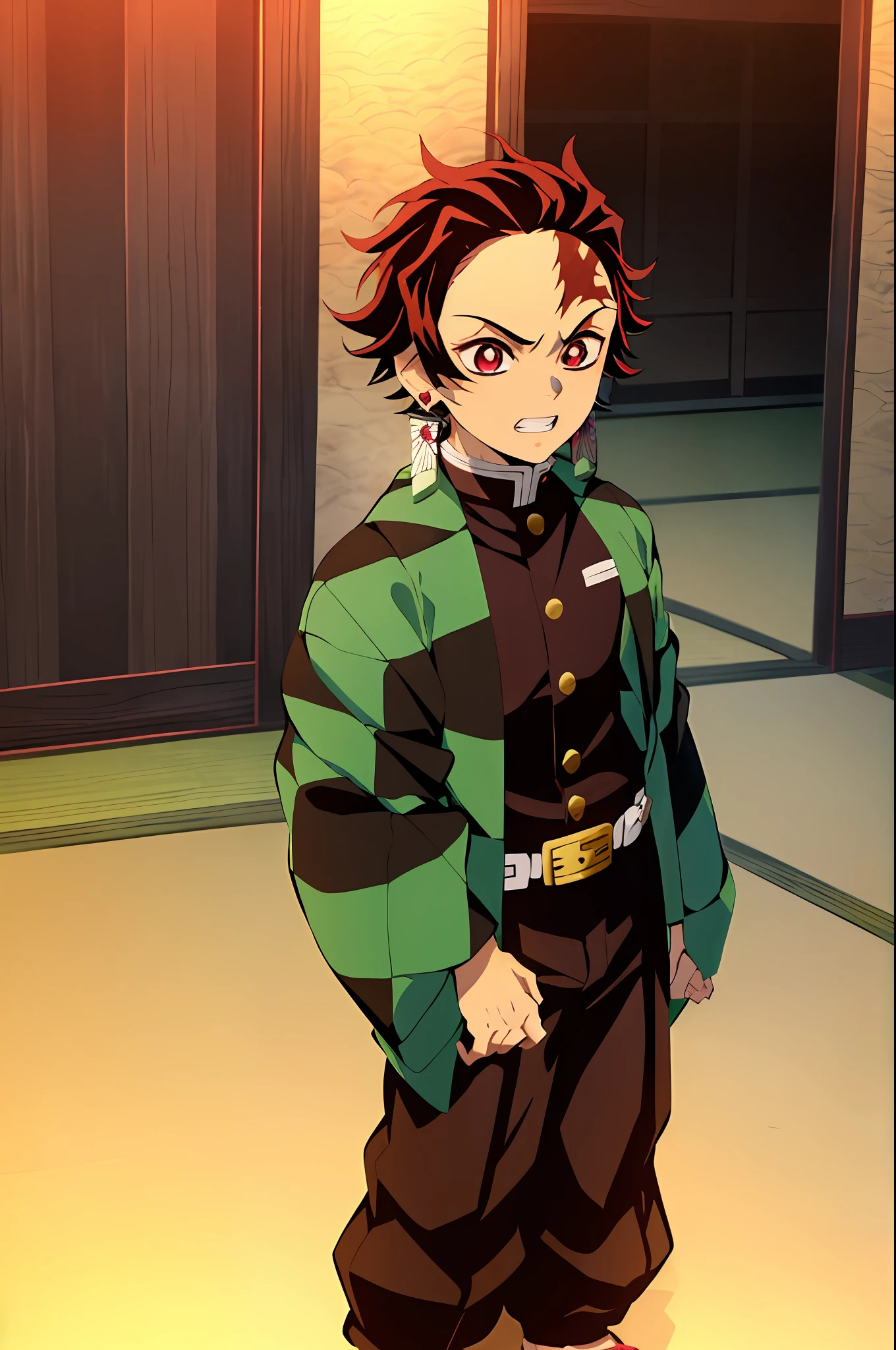 kimetsu no yaiba style, kamado tanjiro, demon slayer uniform, 1boy, male focus, scar on face, weapon, scar, earrings, teeth, jewelry, pants, scar on forehead, brown hair, belt, black pants, japanese clothes, haori, green haori, solo, red eyes, long sleeves, anime coloring, ((masterpiece))