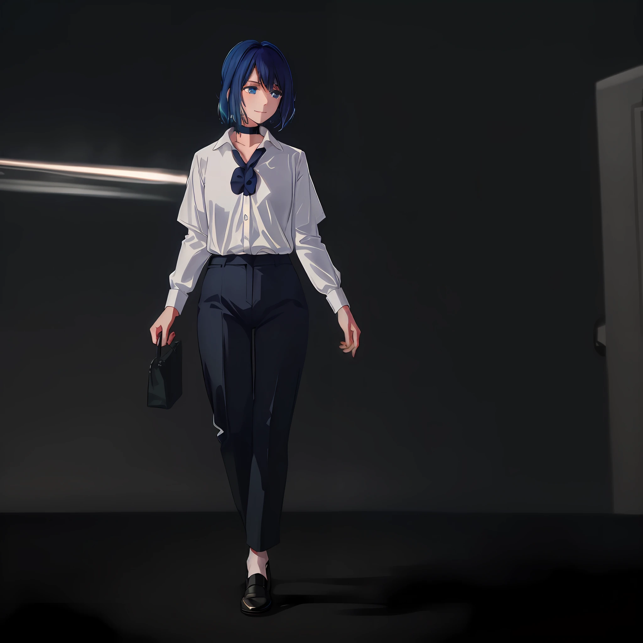 1girl, solo, (((five fingers))), white button-down shirt, very short hair, blue hair, blue eyes, glowing eyes, black pants, choker, small smile, City background, nighttime, moonlight illuminating, hair cut just below ears, white shirt, light smile, slightly happy expression, moonlight, shirt tucked into pants, no blazer, short sleeve, white button down short sleeves.