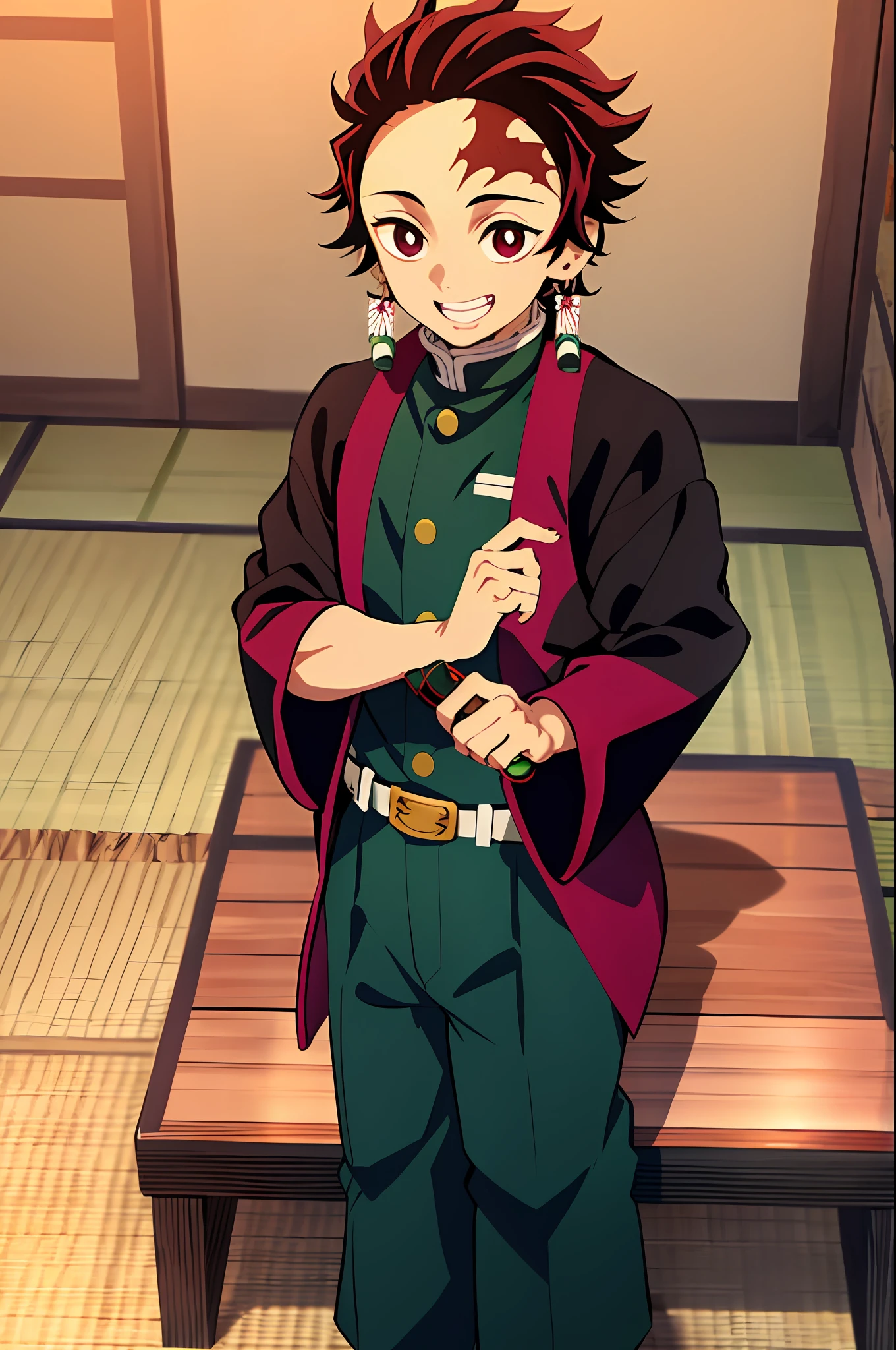 kimetsu no yaiba style, kamado tanjiro, demon slayer uniform, 1boy, male focus, scar on face, weapon, scar, earrings, teeth, jewelry, pants,  scar on forehead, brown hair, belt, black pants, japanese clothes, haori, green haori, solo, red eyes, long sleeves, anime coloring,  ((masterpiece)), smiling face, sit down,