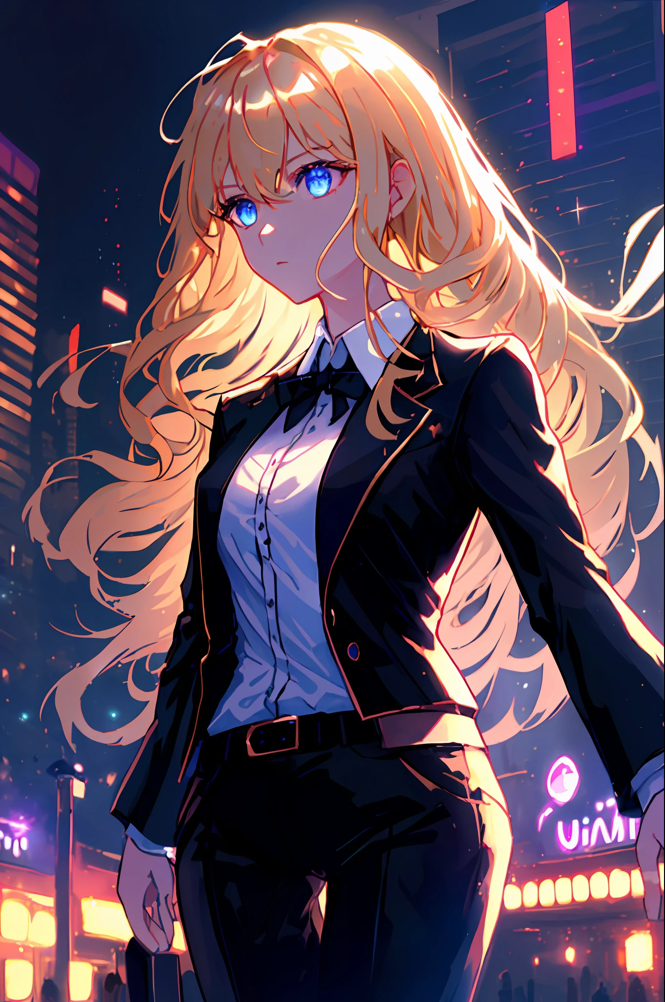 1girl, masterpiece, extremely detailed, ((Cinematic lighting)), (glowing), ((dramatic lighting)), ((beautiful detailed glow)), intricate detail, lens flare, finely detailed beautiful face and eyes, blonde hair,  medium hair, blue eyes, soft glowing eyes, expressionless, staring, medium hair, bangs, floating hair, cowboy shot, black tie, black jacket, open jacket, white shirt, glowing hair, black pants, fluttering clothes, (night), city