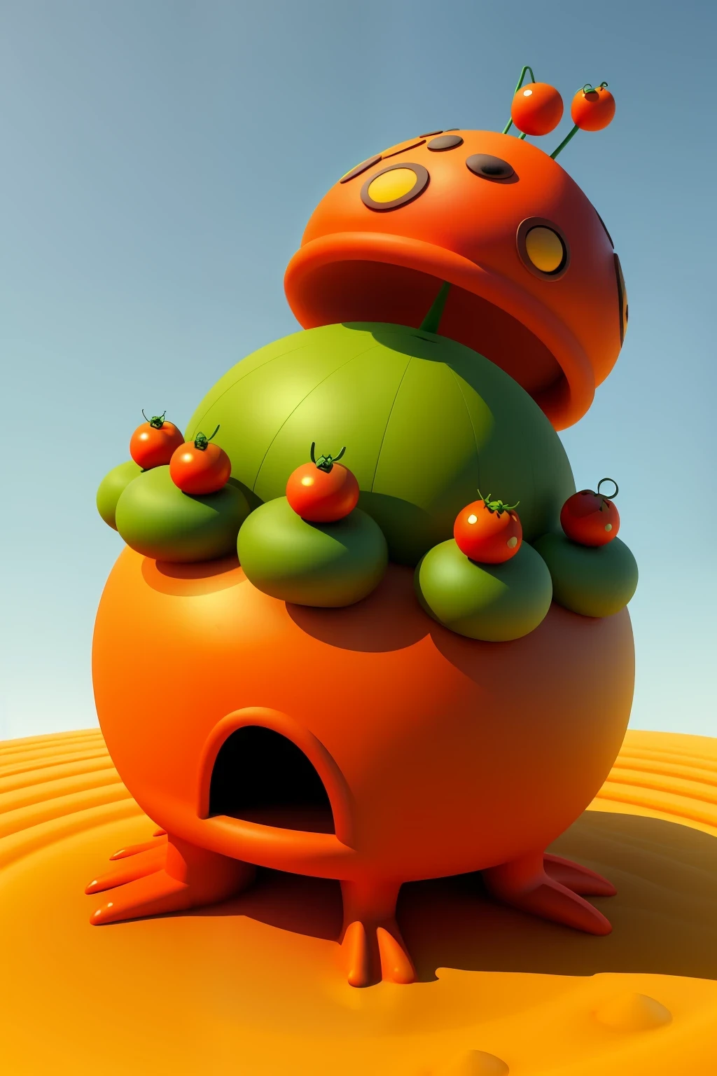 an anthill shaped like a big grinning tomato with a lopsided hat, fantasy style, 3d