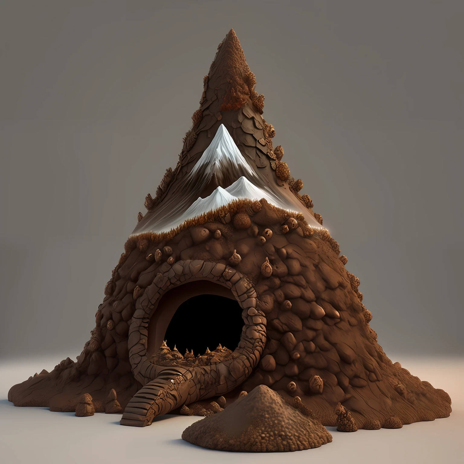 3d anthill shaped like a volcano, realistic, dark style