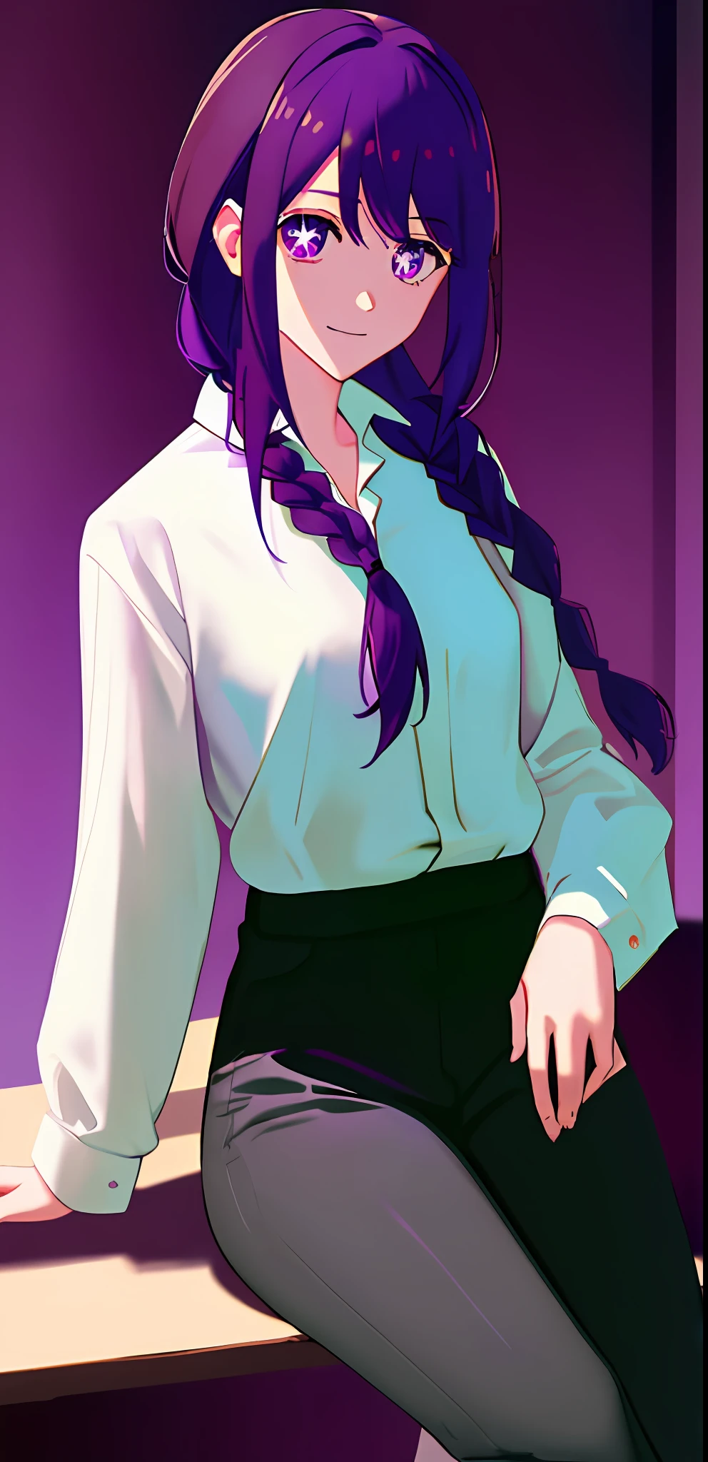 Long hair, 1girl, solo, braid, purple hair, purple eyes, glowing eyes, circles in eyes, white button-down shirt, shirt tucked into pants, black pants, no blazer, sitting down, small smile, intense