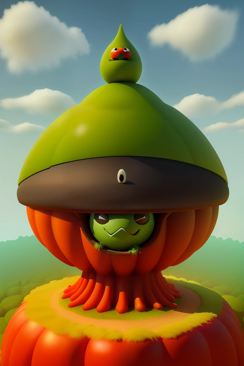 an anthill shaped like a big grinning tomato with a lopsided hat, fantasy style, 3d