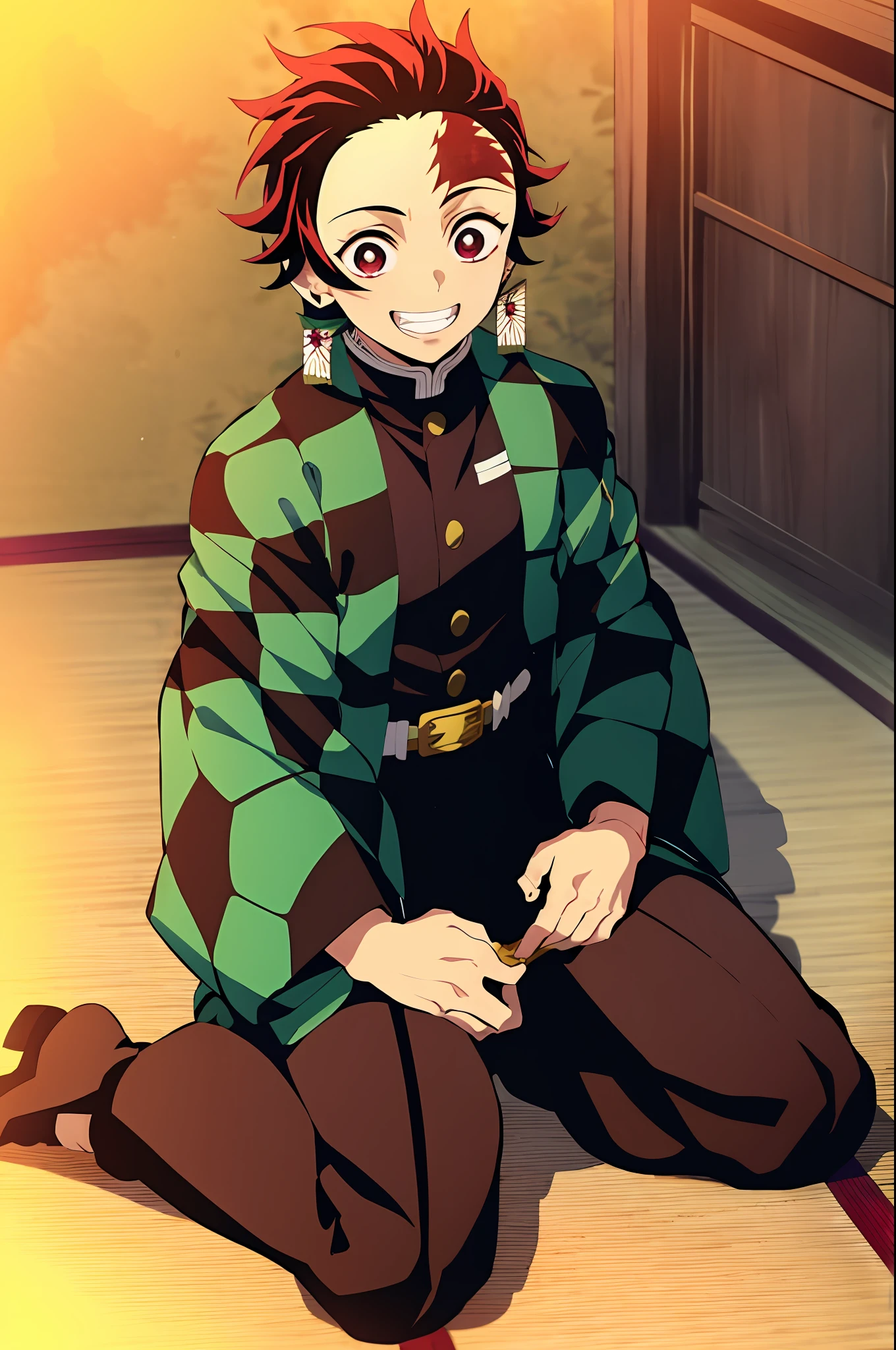 kimetsu no yaiba style, kamado tanjiro, demon slayer uniform, 1boy, male focus, scar on face, weapon, scar, earrings, teeth, jewelry, pants, scar on forehead, brown hair, belt, black pants, japanese clothes, haori, green haori, solo, red eyes, long sleeves, anime coloring, ((masterpiece)), smiling face, sit down, kamado tanjiro cloth, tanjiro green kimono,