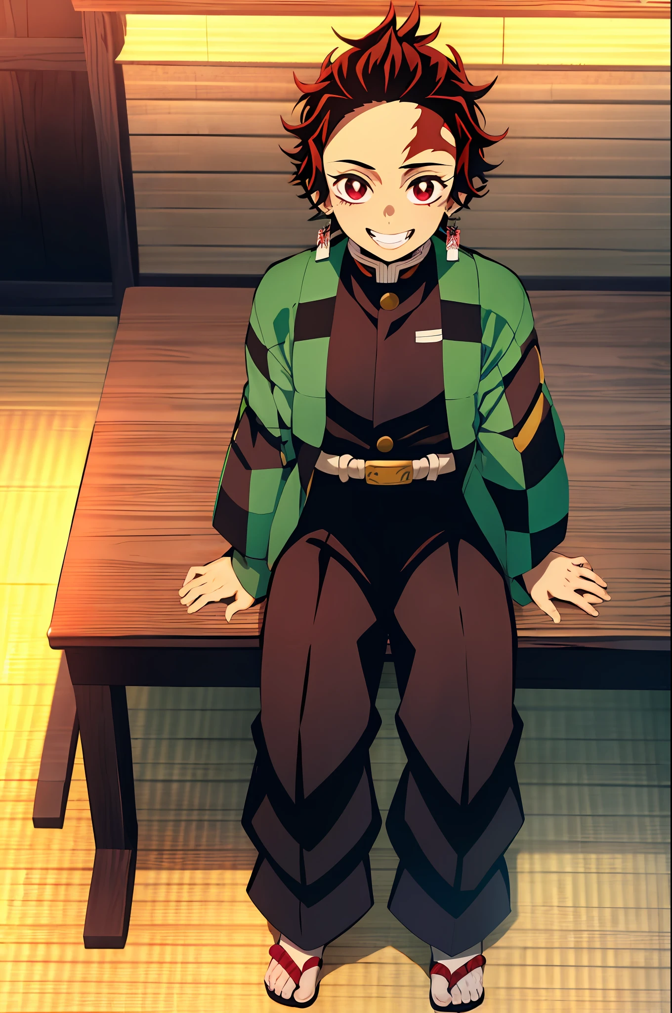 kimetsu no yaiba style, kamado tanjiro, demon slayer uniform, 1boy, male focus, scar on face, weapon, scar, earrings, teeth, jewelry, pants,  scar on forehead, brown hair, belt, black pants, japanese clothes, haori, green haori, solo, red eyes, long sleeves, anime coloring,  ((masterpiece)), smiling face, sit down, kamado tanjiro cloth, tanjiro green kimono,