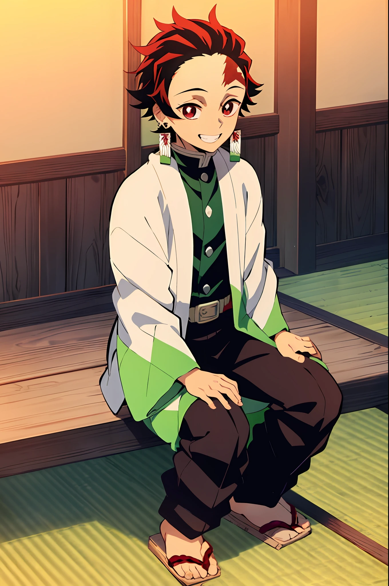 kimetsu no yaiba style, kamado tanjiro, demon slayer uniform, 1boy, male focus, scar on face, weapon, scar, earrings, teeth, jewelry, pants, scar on forehead, brown hair, belt, black pants, japanese clothes, haori, green haori, solo, red eyes, long sleeves, anime coloring, ((masterpiece)), smiling face, sit down, kamado tanjiro cloth, tanjiro green kimono,