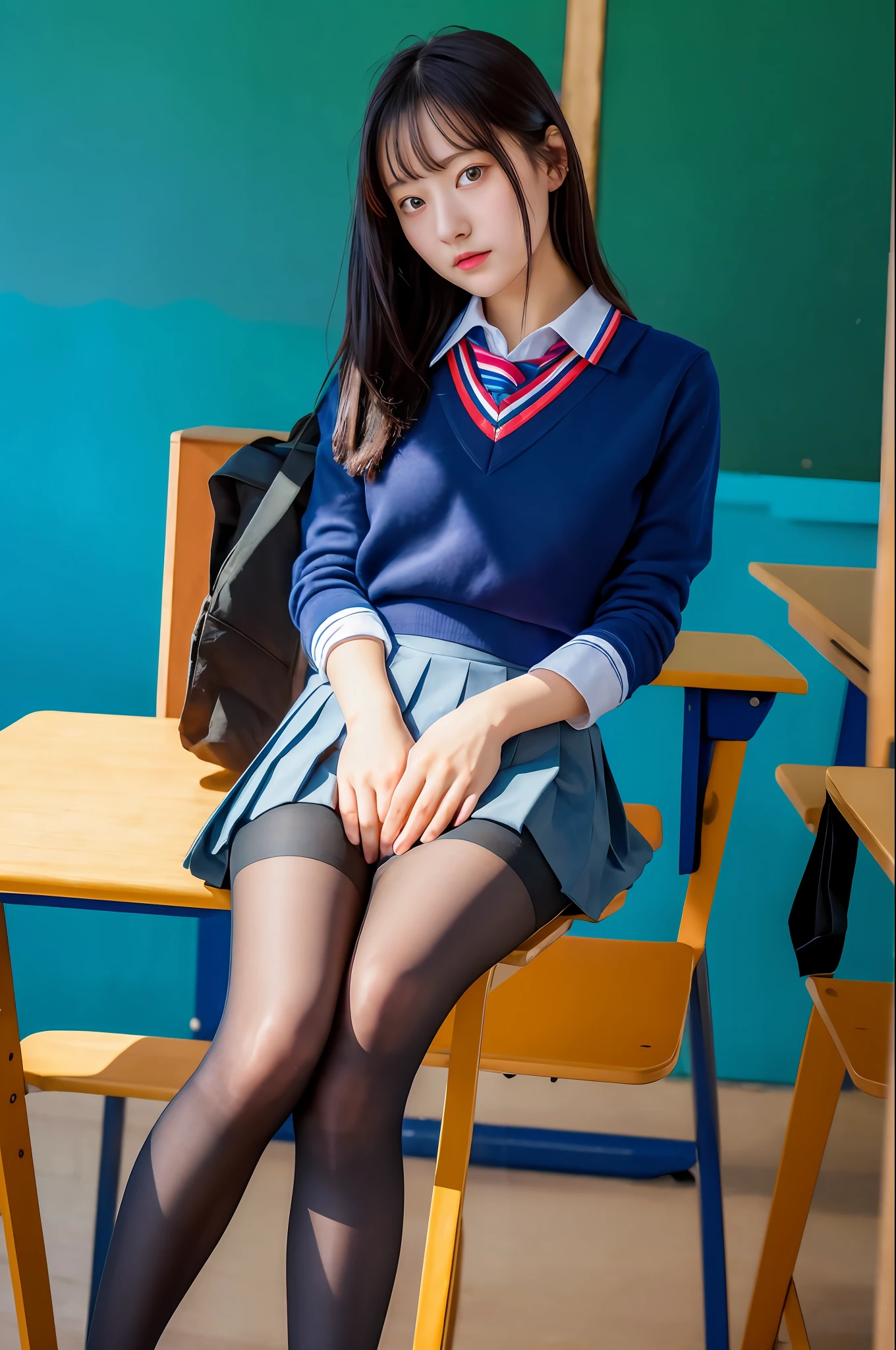 masterpiece, top quality, ultra high definition, colorful, flat color, depth of field, lens flare

1 girl, sitting, black hair, watching viewer, school, classroom, pleated mini skirt, school uniform, serafuk, black pantyhose, detailed touch, detailed cloth texture, beautiful detailed face, 30 year old beauty, adult atmosphere