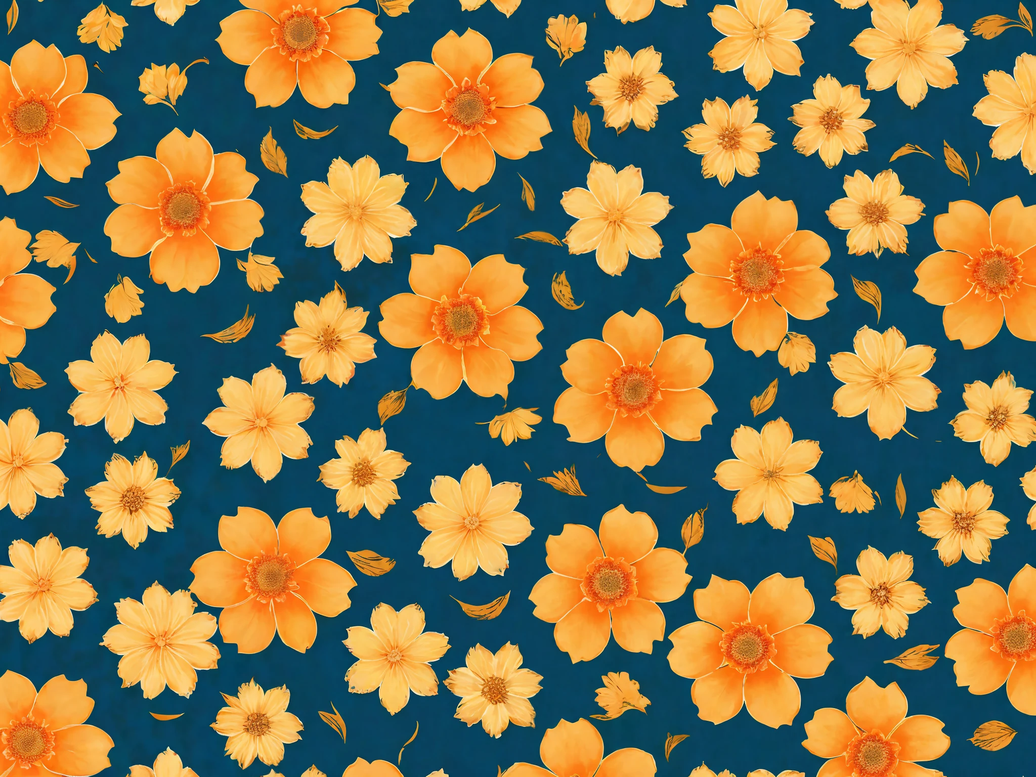 Elegant Vintage Flower Pattern, (use colours Deep Blue, Ocean Teal, Muted Gold, Soft Orange, Burnt Sienna), oil painted, roses, Scrapbook paper, uplighted, pale background, high contrast, bright beautiful colors, diagonal alignment, seamless pattern