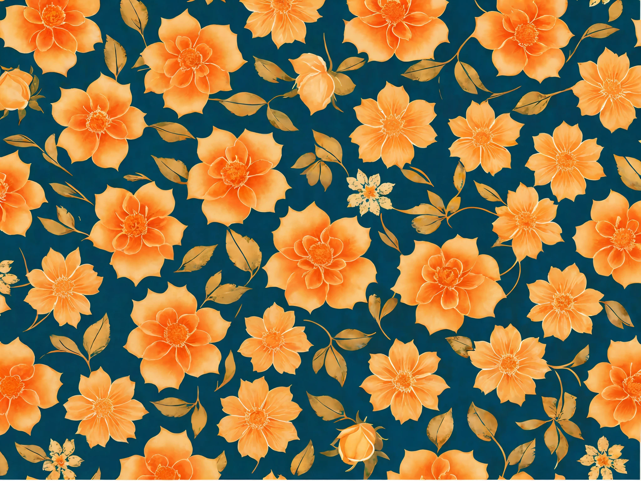 Elegant Vintage Flower Pattern, (use colours Deep Blue, Ocean Teal, Muted Gold, Soft Orange, Burnt Sienna), oil painted, roses, Scrapbook paper, uplighted, pale background, high contrast, bright beautiful colors, diagonal alignment, seamless pattern