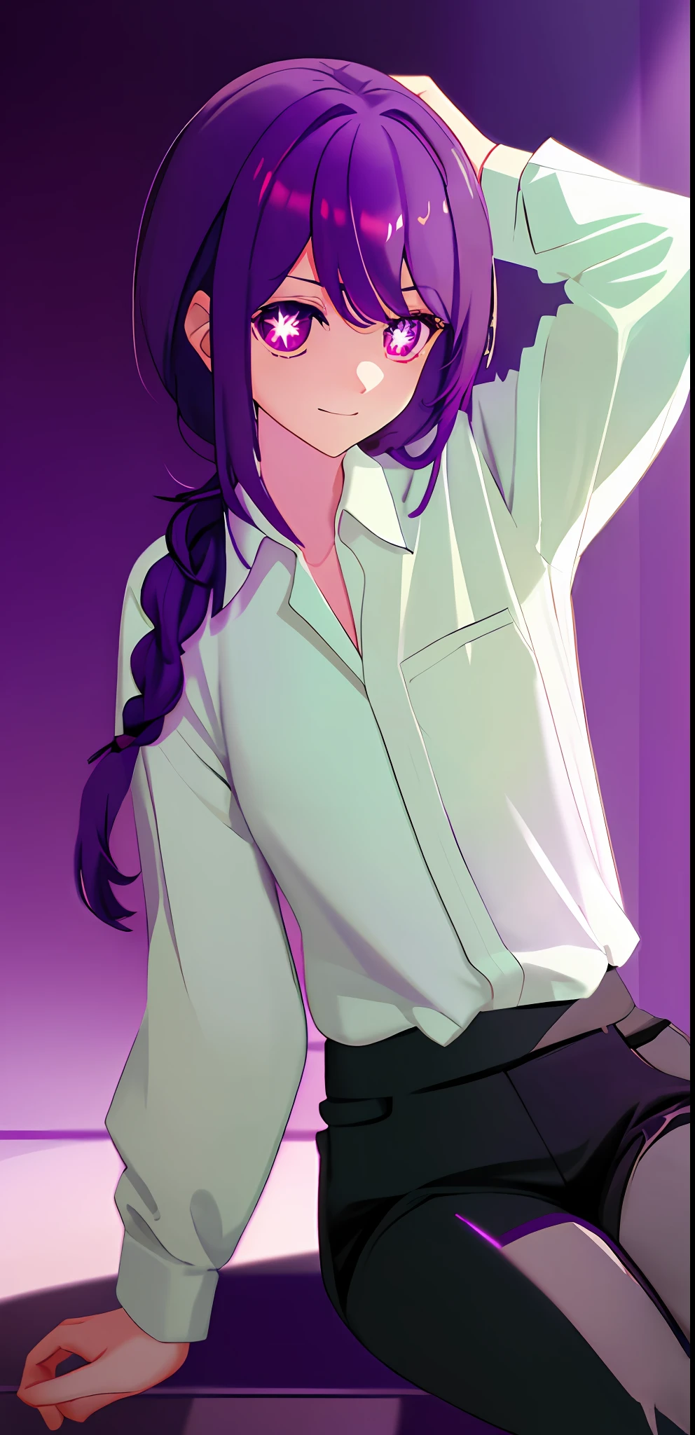 Long hair, 1girl, solo, one braid behind head, purple hair, purple eyes, glowing eyes, circles in eyes, white button-down shirt, shirt tucked into pants, black pants, no blazer, sitting down, small smile, intense, makima, manipulative,