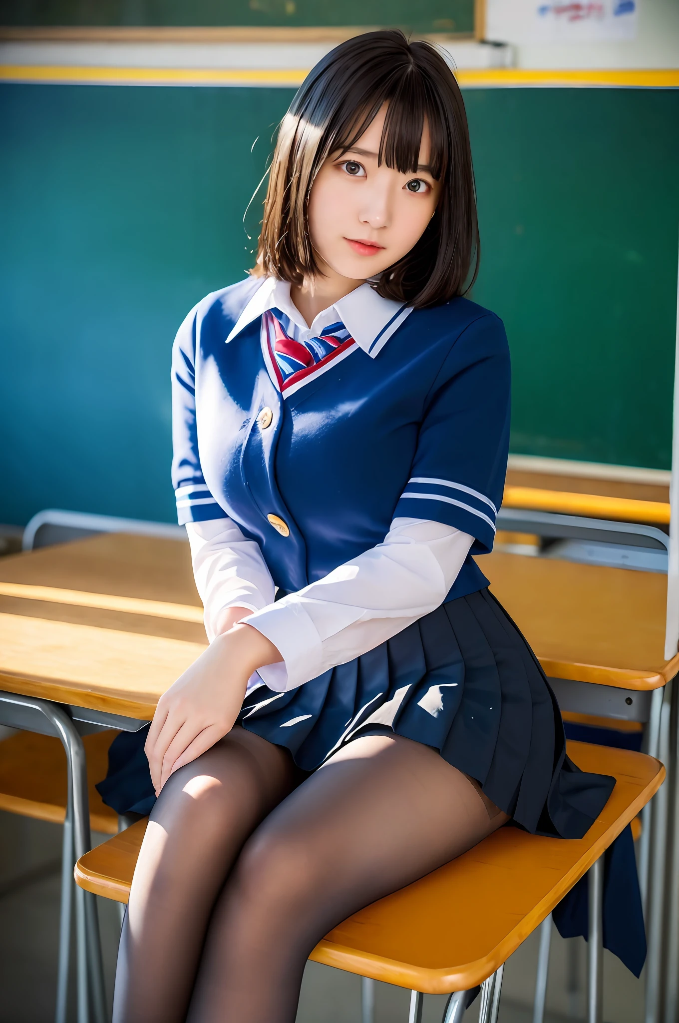 masterpiece, top quality, ultra high definition, colorful, flat color, depth of field, lens flare

1 girl, sitting, black hair, watching viewer, school, classroom, pleated mini skirt, take off school uniform, serafuku, black pantyhose, detailed touch, detailed cloth texture, beautiful detailed face, 30 year old beauty, adult atmosphere